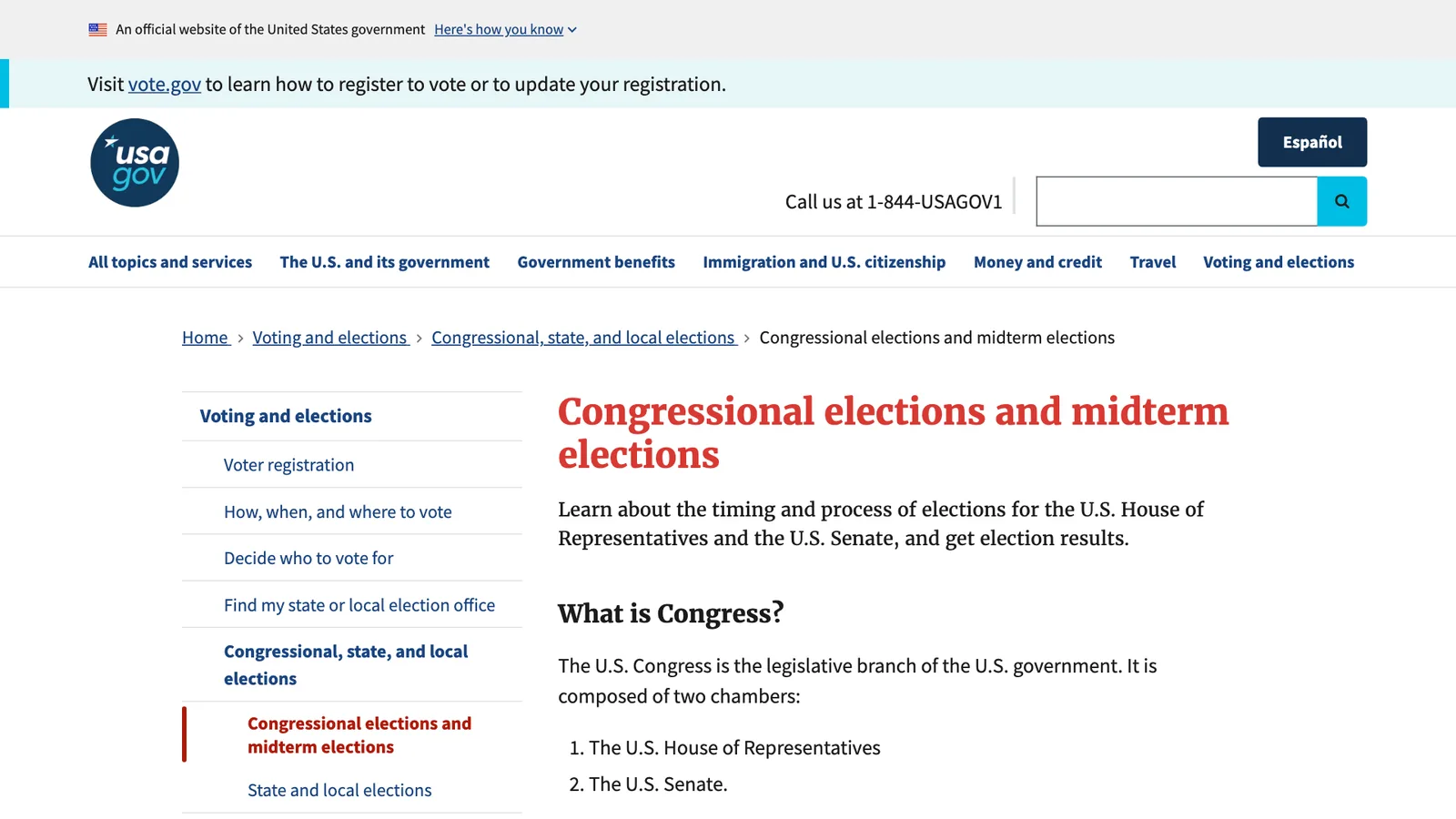 หน้า Congressional elections and midterm elections ของ USAGov เว็บไซต์ทางการรัฐบาลสหรัฐ