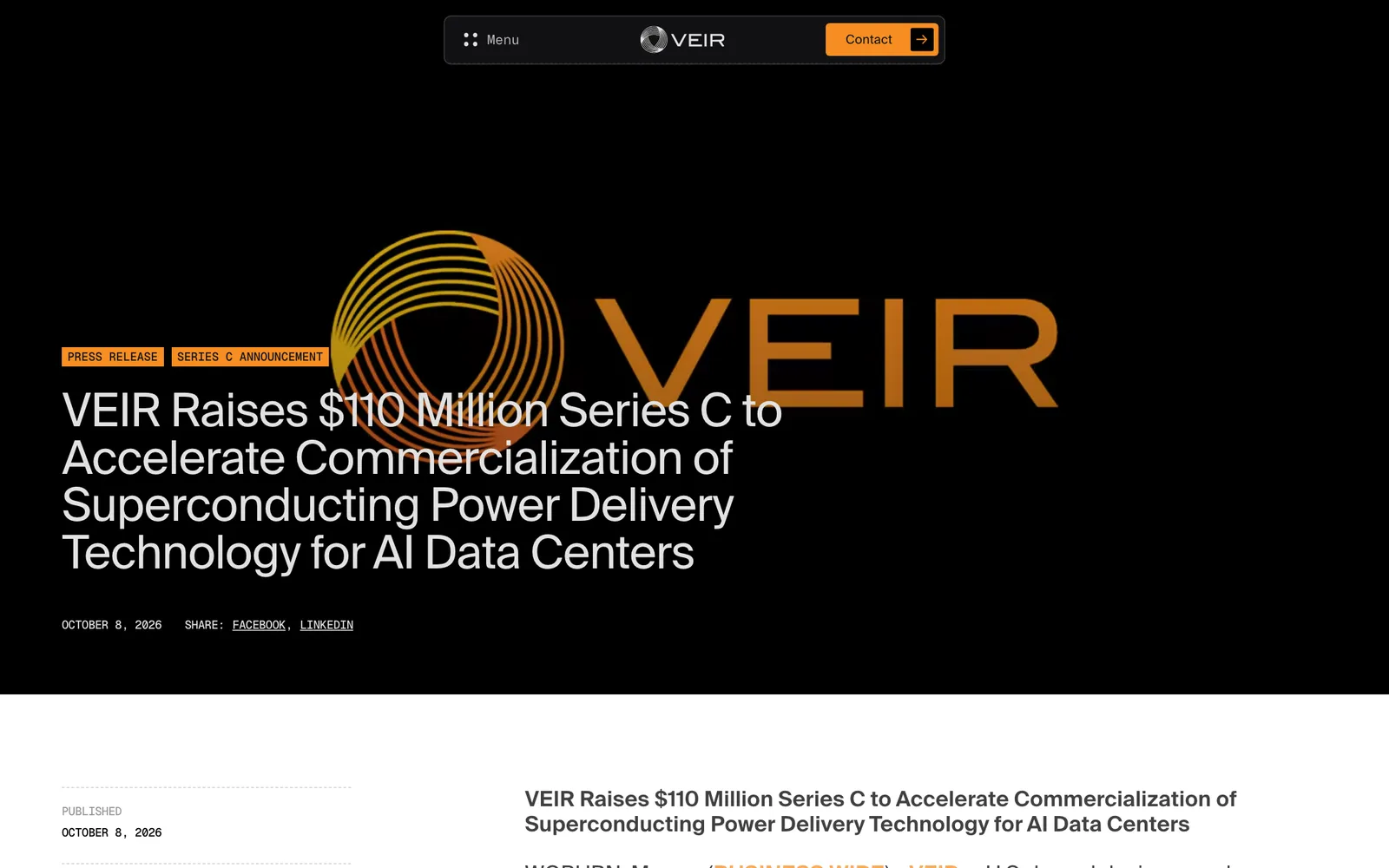 หน้าประกาศของ VEIR วันที่ 8 ตุลาคม 2026 เรื่องระดมทุน Series C 110 ล้านดอลลาร์สหรัฐ เพื่อเร่งนำระบบจ่ายไฟตัวนำยิ่งยวดไปใช้ในดาต้าเซ็นเตอร์ AI