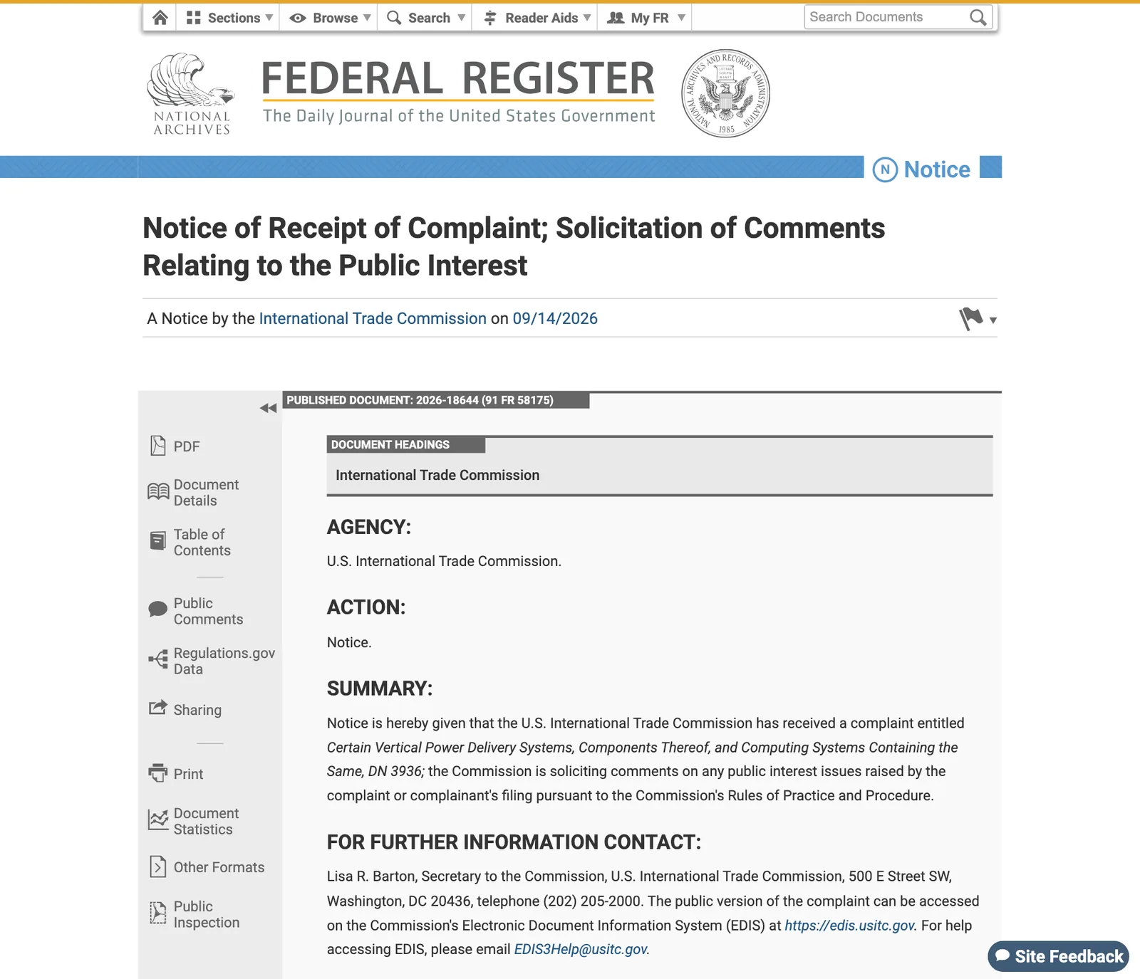 ภาพหน้าจอประกาศรับคำร้องของ USITC ใน Federal Register วันที่ 14 กันยายน 2026 เรื่อง Certain Vertical Power Delivery Systems, Components Thereof, and Computing Systems Containing the Same (DN 3936) ซึ่งเป็นคำร้องของ Vicor
