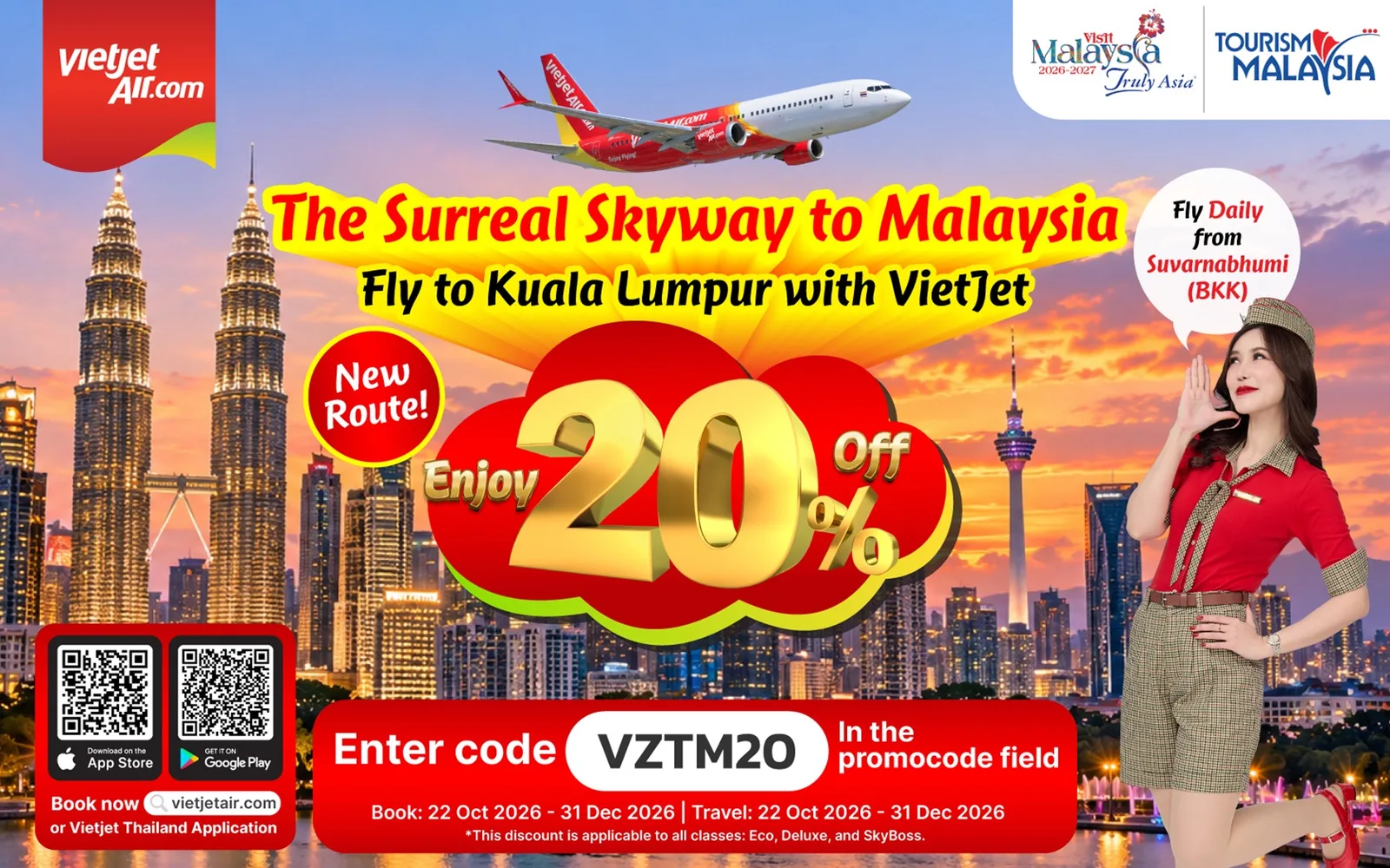 โปสเตอร์โปรเวียตเจ็ท กัวลาลัมเปอร์ ลด 20% The Surreal Skyway to Malaysia กรอกโค้ด VZTM20 จองและเดินทาง 22 ต.ค.–31 ธ.ค. 2026 ใช้ได้ทุกชั้นโดยสาร Eco Deluxe SkyBoss