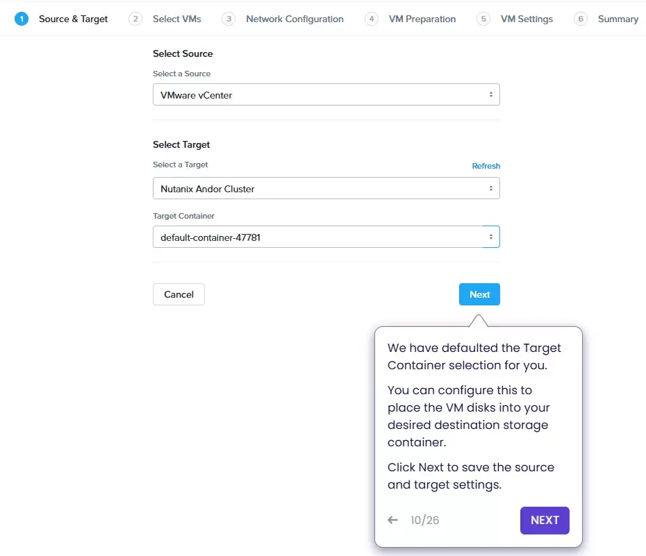 หน้าจอ Nutanix Move ขั้นเลือกต้นทางเป็น VMware vCenter และปลายทางเป็นคลัสเตอร์ Nutanix