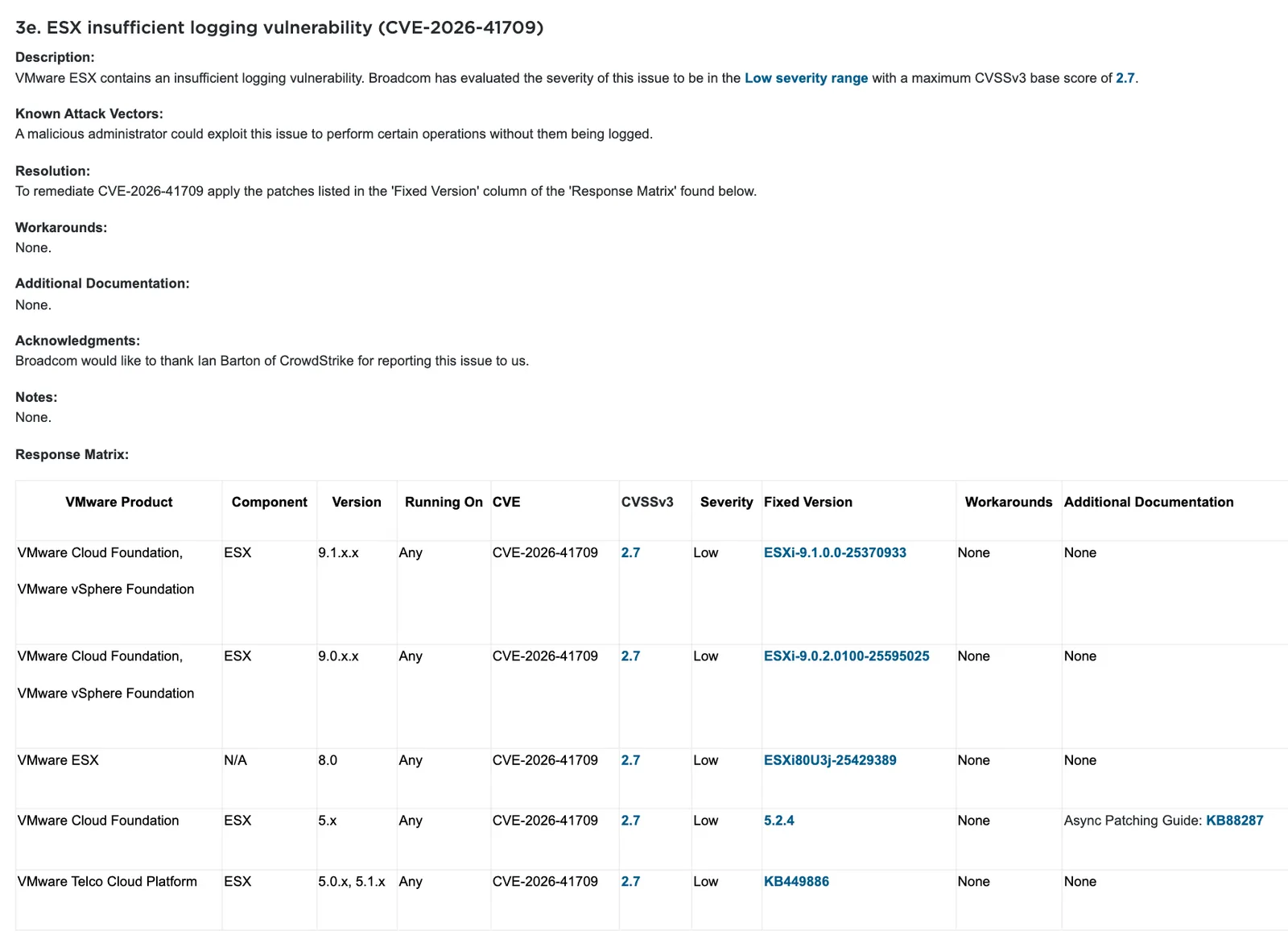 หัวข้อ 3e ของ VMSA-2026-0006 อธิบาย CVE-2026-41709 ช่องโหว่บันทึก log ไม่เพียงพอใน VMware ESX คะแนน 2.7 พร้อม Response Matrix ของสาย 9.1, 9.0, 8.0, 5.x และ Telco Cloud Platform