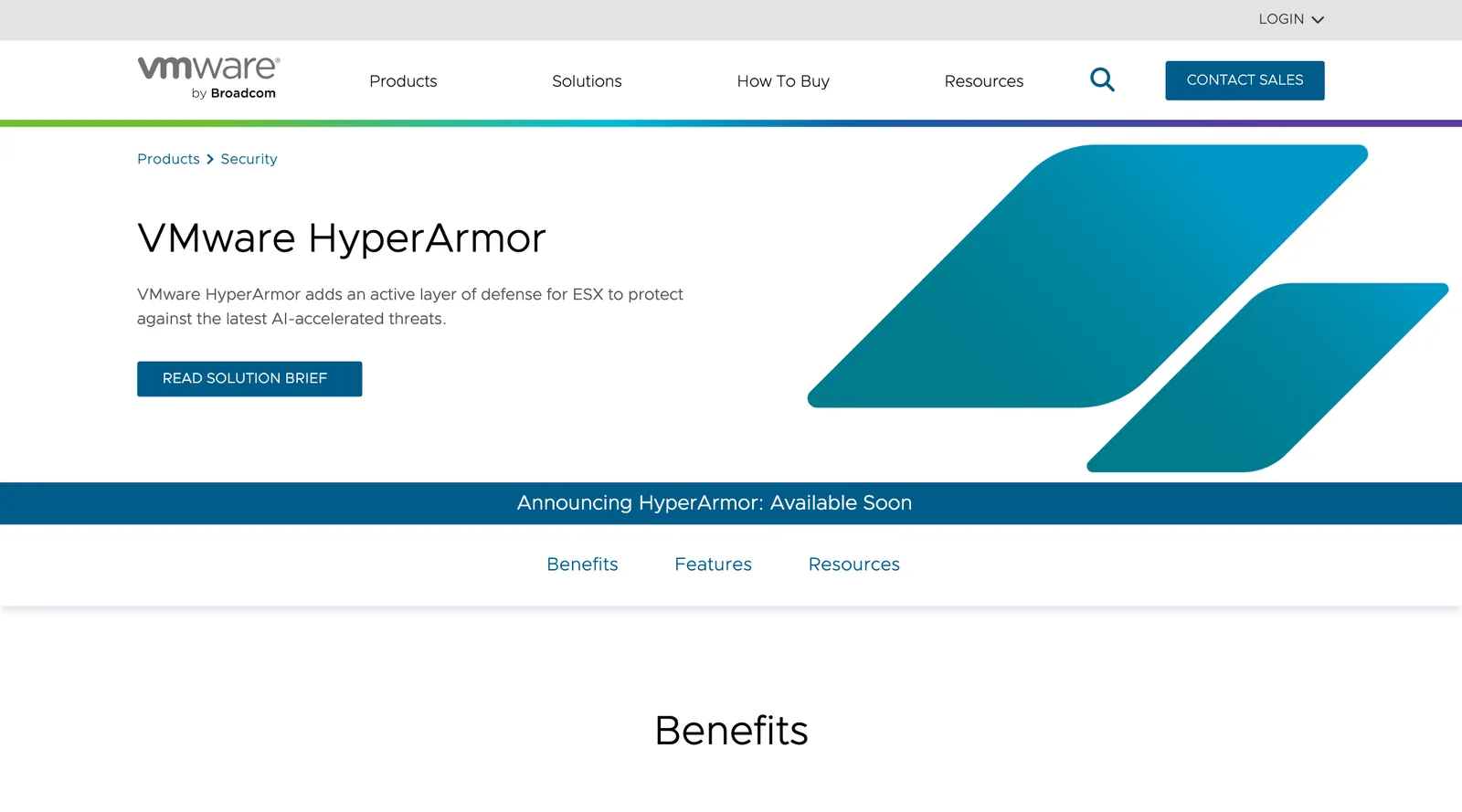 ภาพหน้าจอหน้าผลิตภัณฑ์ VMware HyperArmor บนเว็บไซต์ VMware ที่ระบุว่าเพิ่มชั้นป้องกันให้ ESX และขึ้นข้อความ Announcing HyperArmor: Available Soon