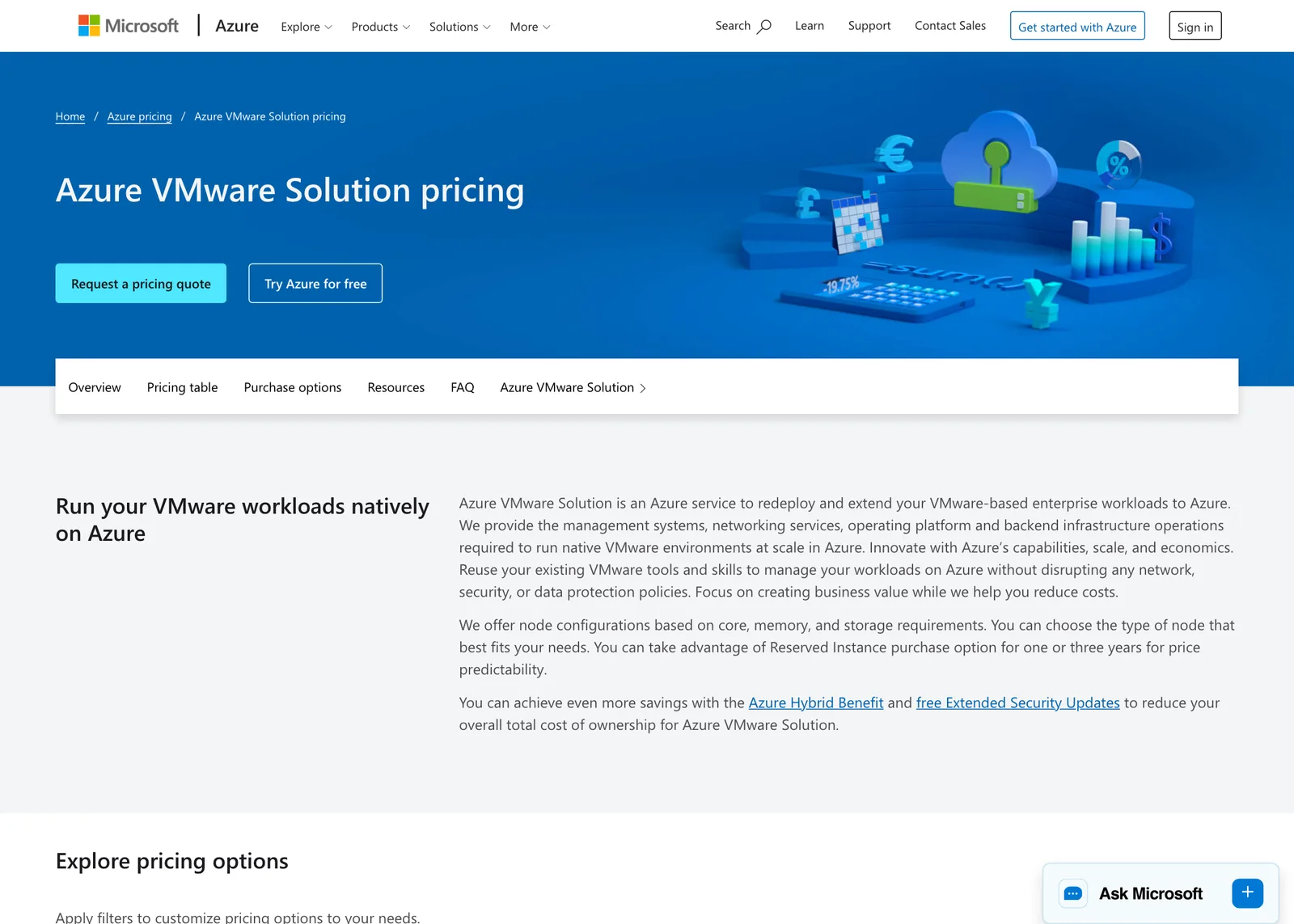 หน้าราคา Azure VMware Solution ของ Microsoft ส่วนหัวและคำอธิบายบริการ