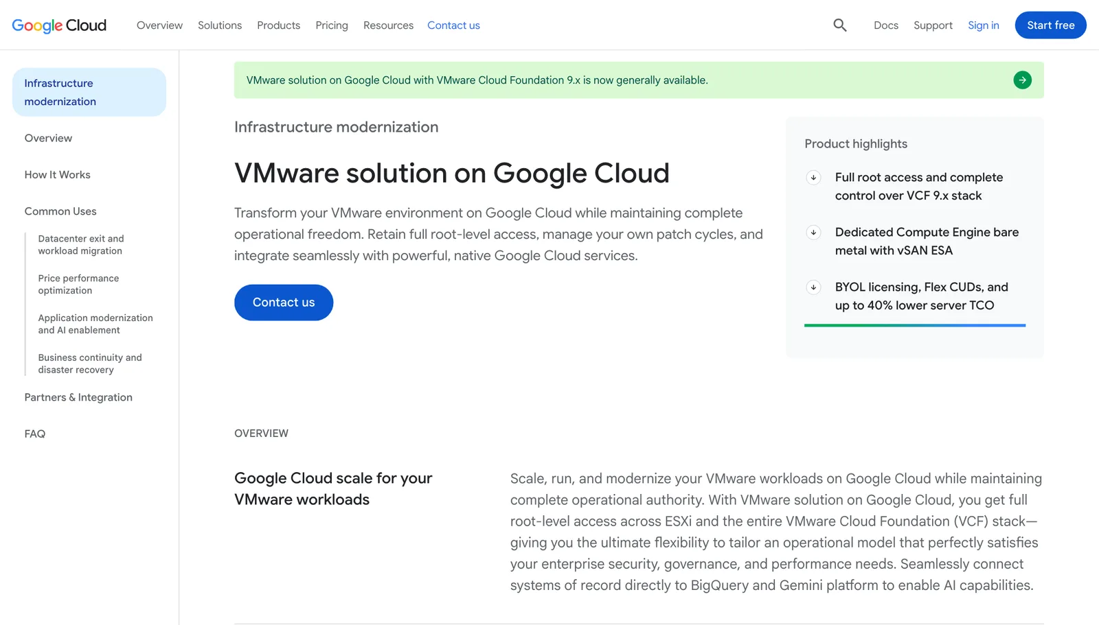 หน้าผลิตภัณฑ์ VMware solution on Google Cloud มีแถบแจ้งว่า VCF 9.x เปิดใช้งานทั่วไปแล้ว และจุดเด่นเรื่อง root access กับ BYOL