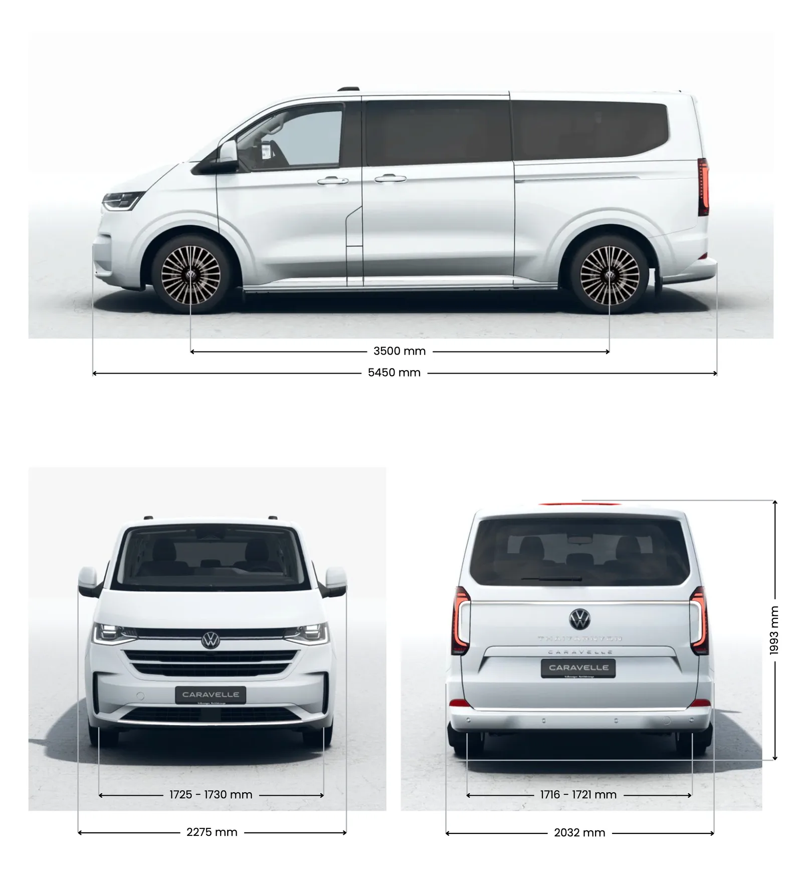 แบบแสดงขนาด Volkswagen Caravelle T7 รุ่นไทยจากโบรชัวร์ไทยยานยนตร์ ยาว 5,450 มม. ฐานล้อ 3,500 มม. กว้าง 2,032 มม. รวมกระจก 2,275 มม. สูง 1,993 มม.