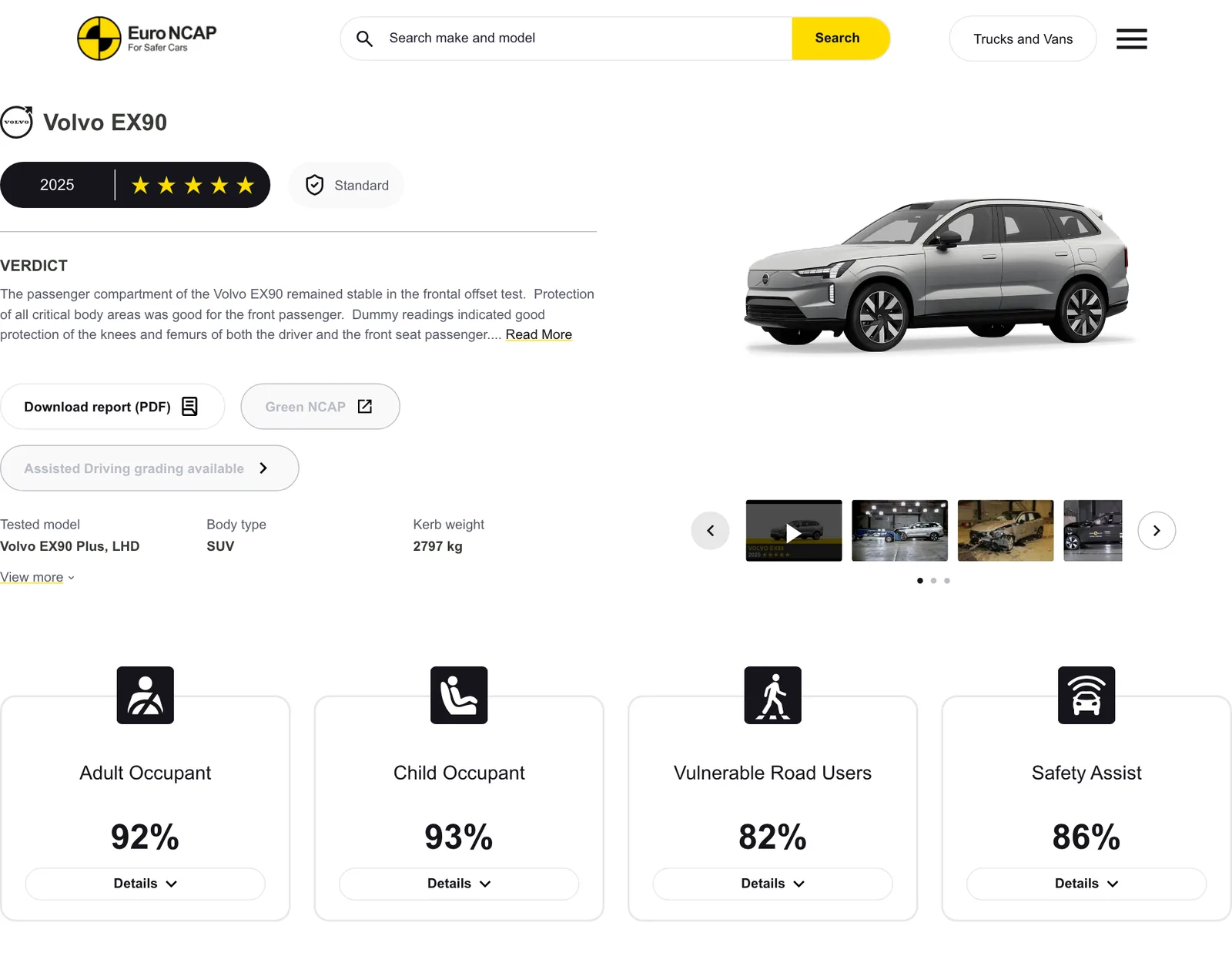 หน้าผลทดสอบ Euro NCAP ของ Volvo EX90 ปี 2025 แสดง 5 ดาว รุ่น EX90 Plus พวงมาลัยซ้าย และคะแนนผู้ใหญ่ 92% เด็ก 93% ผู้ใช้ถนน 82% ระบบช่วย 86%