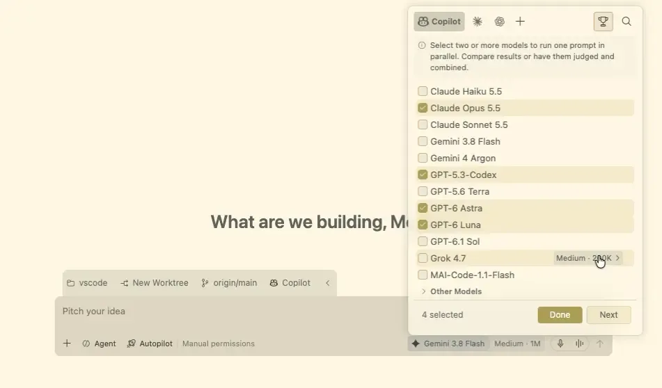 เมนู Compare Models ใน VS Code 1.143 เลือกไว้ 4 โมเดล ได้แก่ Claude Opus 5.5, GPT-5.3-Codex, GPT-6 Astra และ GPT-6 Luna