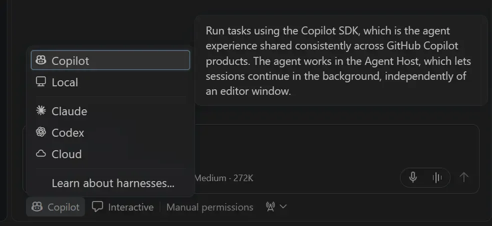 เมนูเลือก harness ใน VS Code 1.143 มี Copilot, Local, Claude, Codex และ Cloud โดย Copilot ถูกเลือกไว้