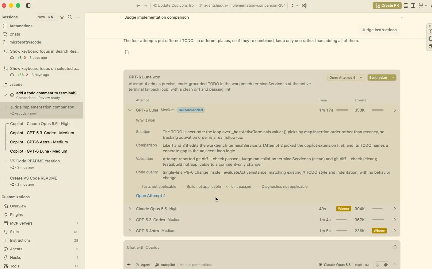ผลการเทียบหลายโมเดลใน VS Code 1.143 โมเดลกรรมการแนะนำคำตอบหนึ่ง พร้อมตารางเวลาและโทเคนของแต่ละตัว และปุ่ม Synthesize