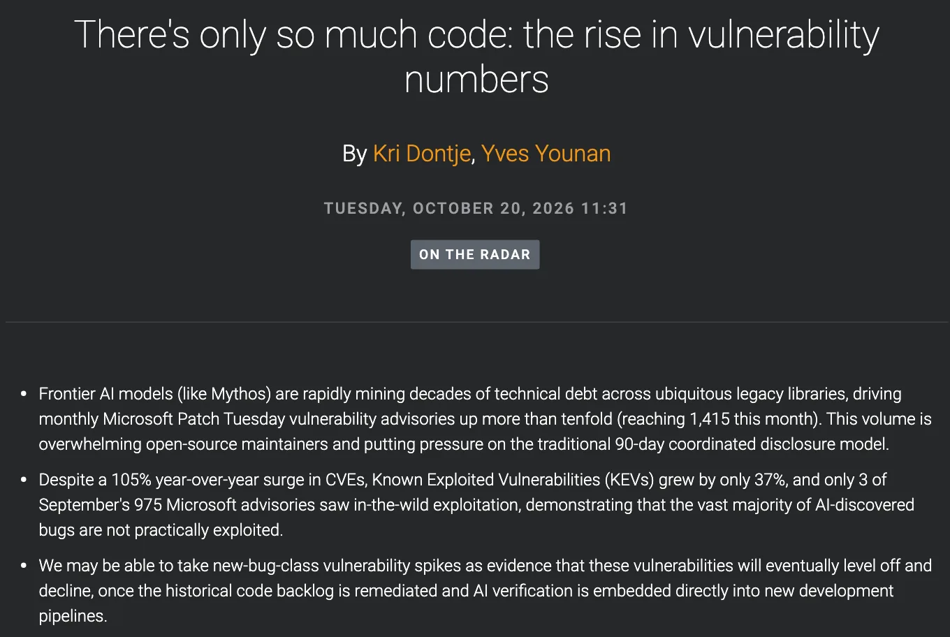 บทความ There's only so much code: the rise in vulnerability numbers ของ Cisco Talos วันที่ 20 ตุลาคม 2026 ระบุ Patch Tuesday 1,415 รายการ CVE เพิ่ม 105% KEV เพิ่ม 37% และ 3 จาก 975 ช่องโหว่ของ Microsoft เดือนกันยายนถูกโจมตีจริง