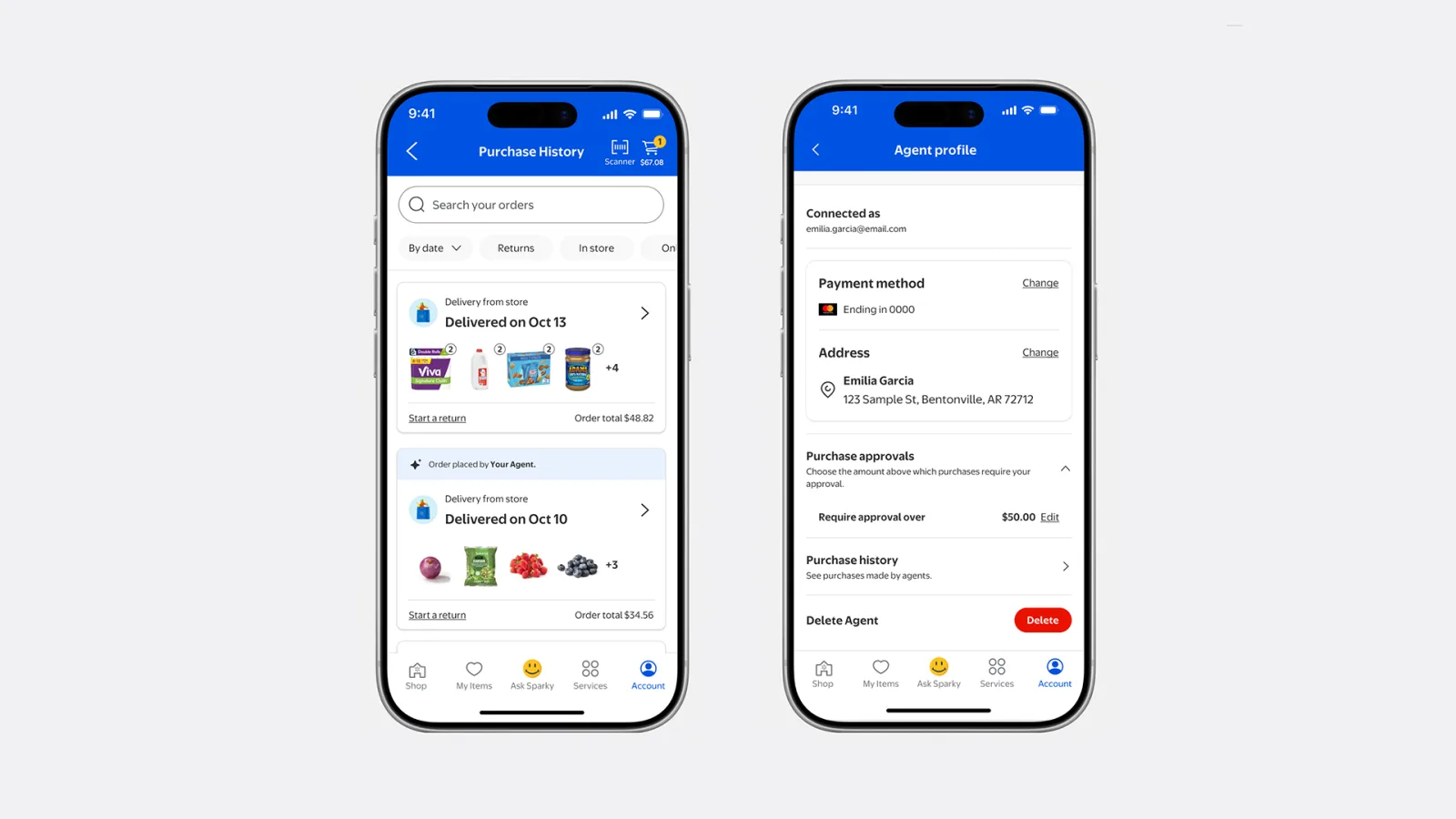 หน้าจอแอป Walmart สองหน้า: ประวัติการสั่งซื้อที่มีคำสั่งซื้อจาก agent และหน้า Agent profile ที่ตั้งวงเงินอนุมัติ ประกอบข่าว Walmart Agent Gateway