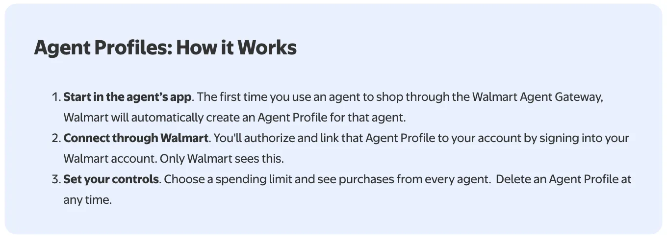 กล่องข้อความ Agent Profiles: How it Works ในประกาศของ Walmart อธิบายขั้นตอนเริ่มในแอปของ agent เชื่อมผ่าน Walmart และตั้งการควบคุม