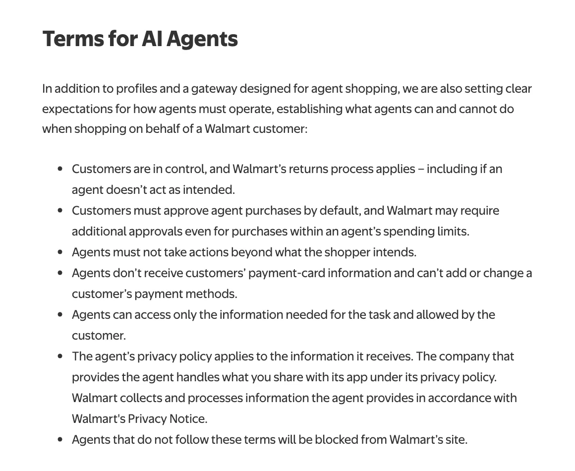 หัวข้อ Terms for AI Agents ในประกาศของ Walmart ระบุข้อกำหนด 7 ข้อสำหรับ AI agent ที่ซื้อของแทนลูกค้า