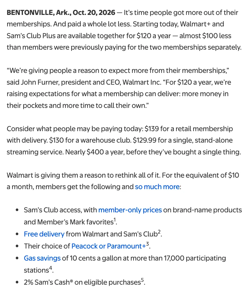 ข้อความในประกาศของ Walmart วันที่ 20 ตุลาคม 2026 ระบุว่าสมาชิก Walmart+ กับ Sam's Club Plus ขายรวมกันในราคา 120 ดอลลาร์ต่อปี พร้อมคำพูดของ John Furner และรายการสิทธิ