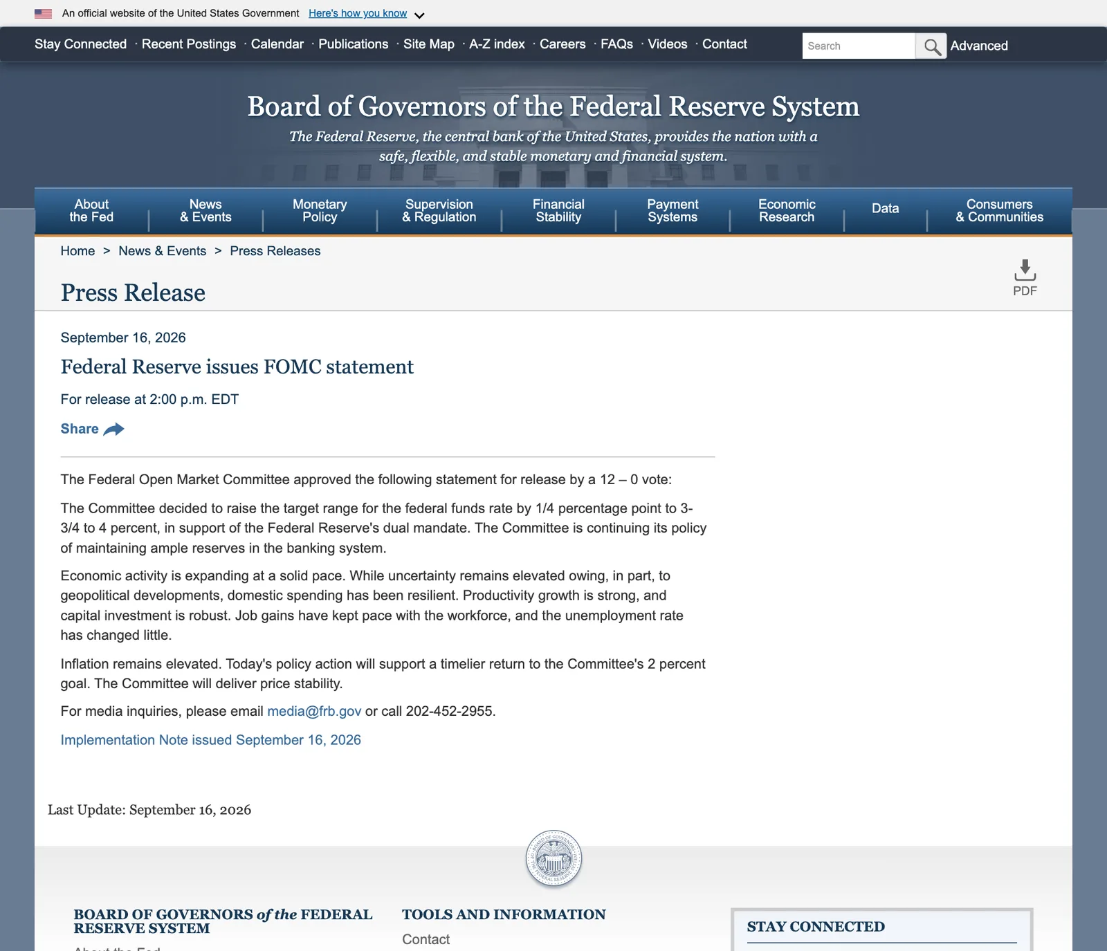 หน้าแถลงการณ์ FOMC วันที่ 16 กันยายน 2026 บนเว็บไซต์เฟด ระบุการขึ้นกรอบอัตราดอกเบี้ย Federal Funds 0.25 จุดเป็น 3.75 ถึง 4 เปอร์เซ็นต์ ด้วยมติ 12–0