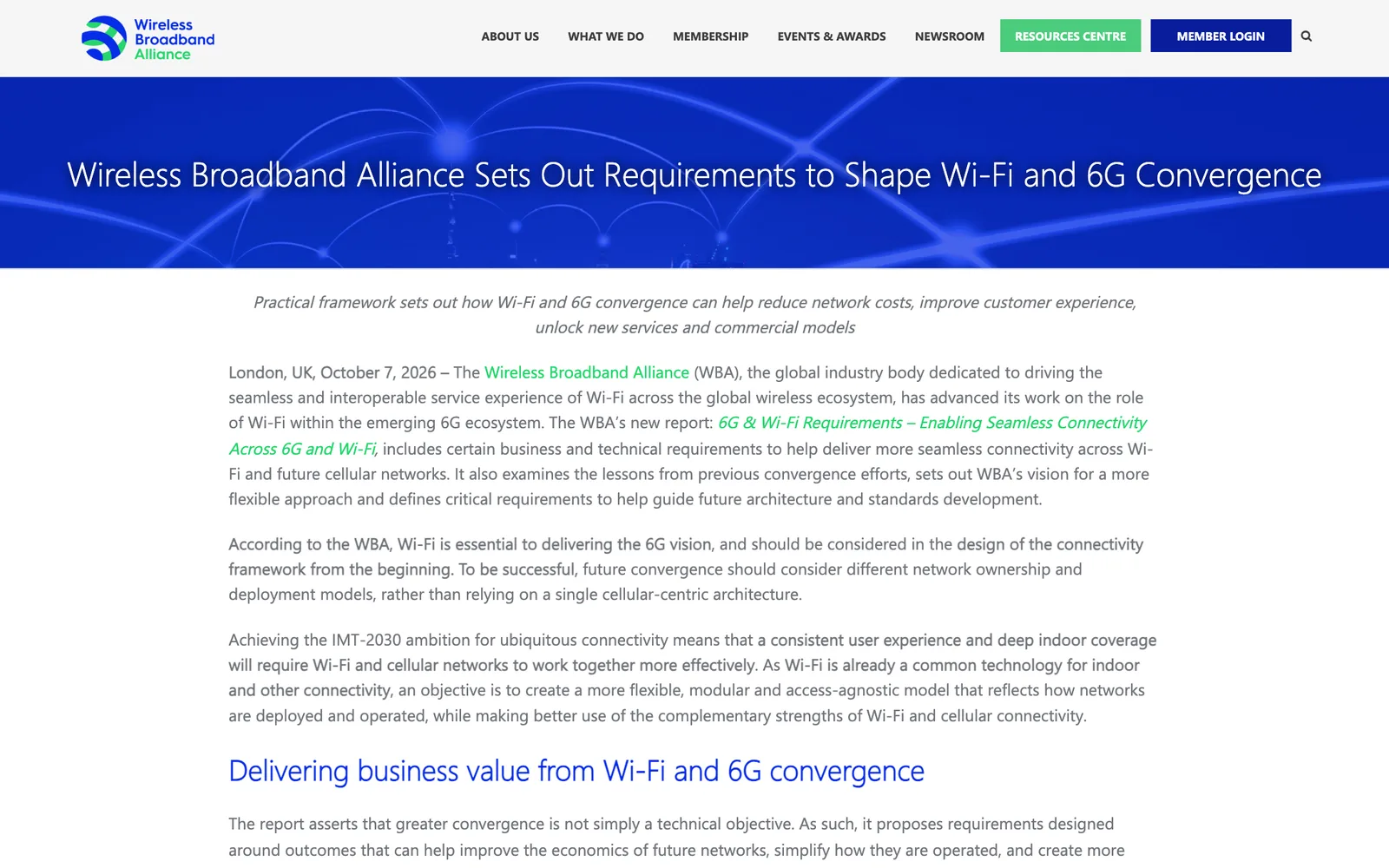 ข่าวประชาสัมพันธ์ของ Wireless Broadband Alliance หัวข้อ Sets Out Requirements to Shape Wi-Fi and 6G Convergence ลงวันที่ 7 ตุลาคม 2026 ที่ลอนดอน