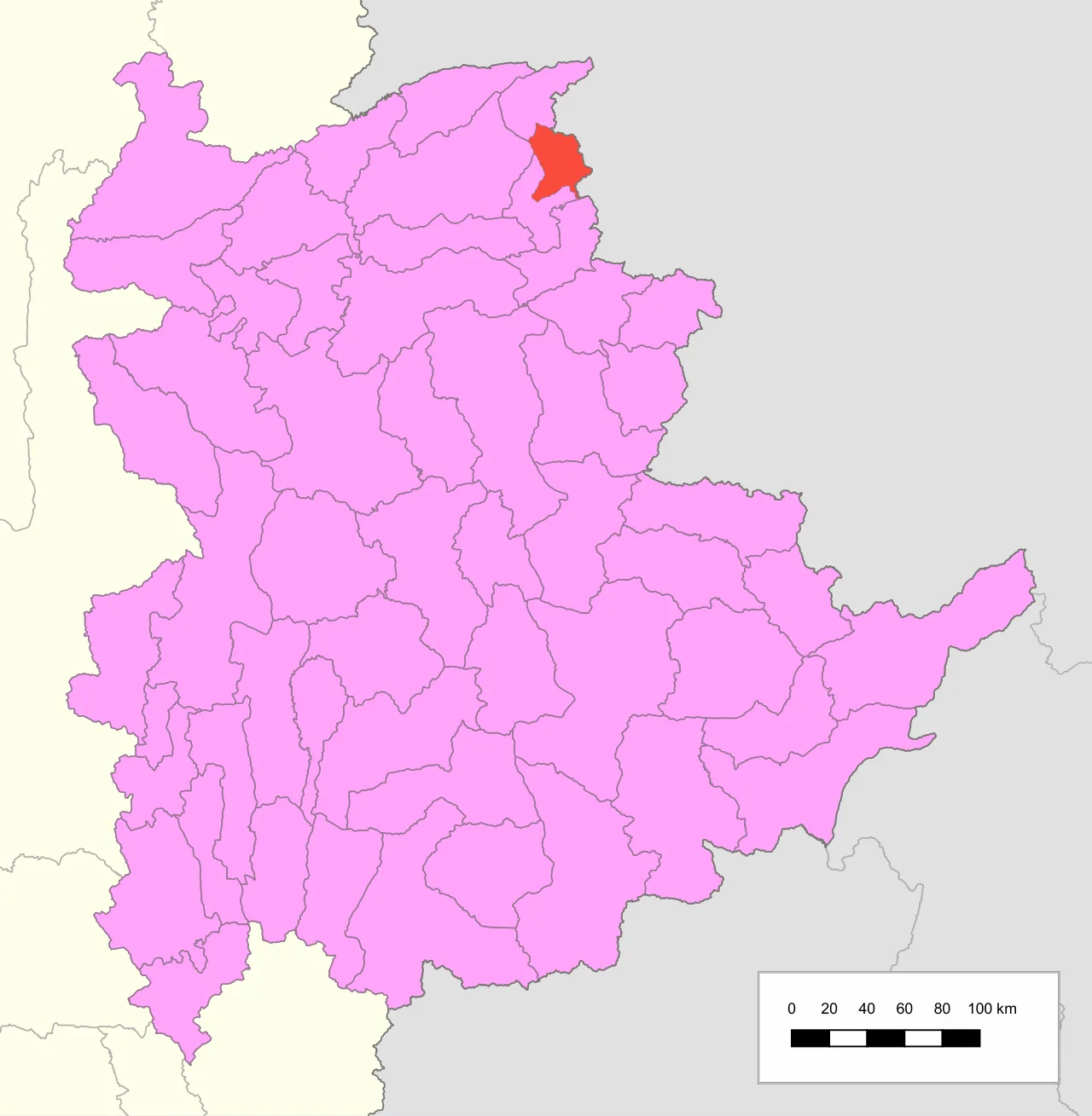 แผนที่รัฐฉานของเมียนมา ไฮไลต์อำเภอเล่าก์ก่ายเป็นสีแดงที่มุมตะวันออกเฉียงเหนือติดชายแดนจีน