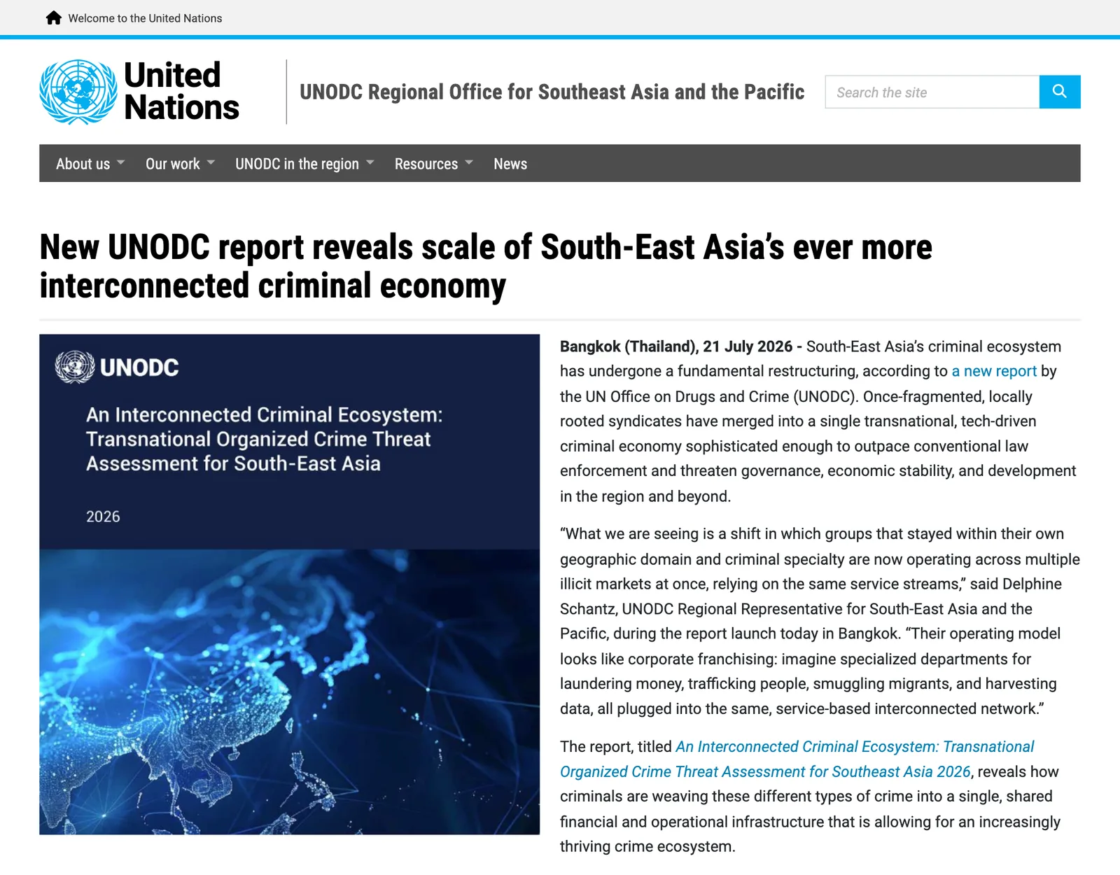 หน้าข่าว UNODC วันที่ 21 กรกฎาคม 2026 เรื่องรายงาน An Interconnected Criminal Ecosystem ภัยอาชญากรรมข้ามชาติในเอเชียตะวันออกเฉียงใต้ เปิดตัวที่กรุงเทพฯ