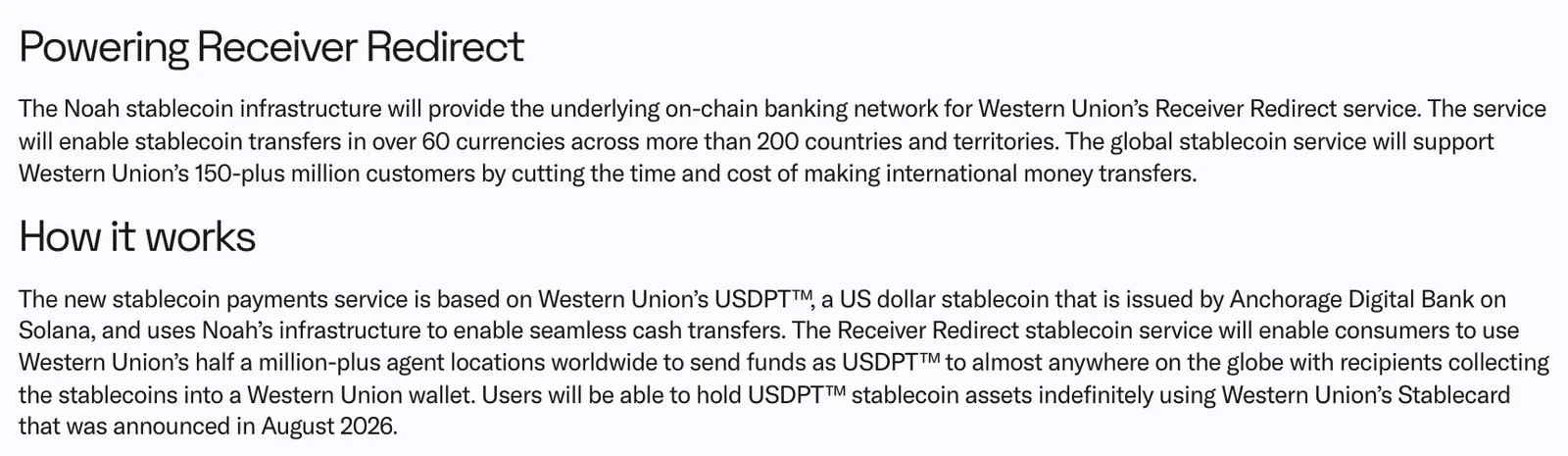 ภาพหน้าจอประกาศของ Noah หัวข้อ Powering Receiver Redirect และ How it works อธิบายว่าบริการจะใช้สเตเบิลคอยน์ Western Union USDPT ที่ Anchorage Digital Bank ออกบน Solana รองรับกว่า 60 สกุลเงินในกว่า 200 ประเทศและดินแดน