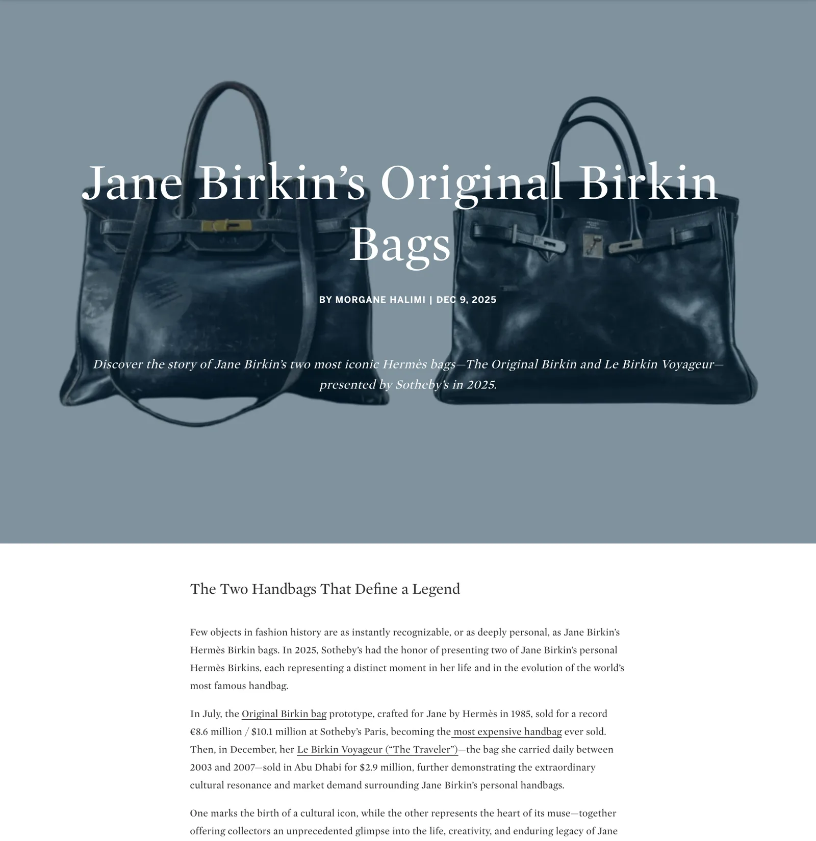 ภาพหน้าจอบทความ Jane Birkin's Original Birkin Bags บนเว็บไซต์ Sotheby's ลงวันที่ 9 ธันวาคม 2025 ระบุผลประมูล Original Birkin 8.6 ล้านยูโร