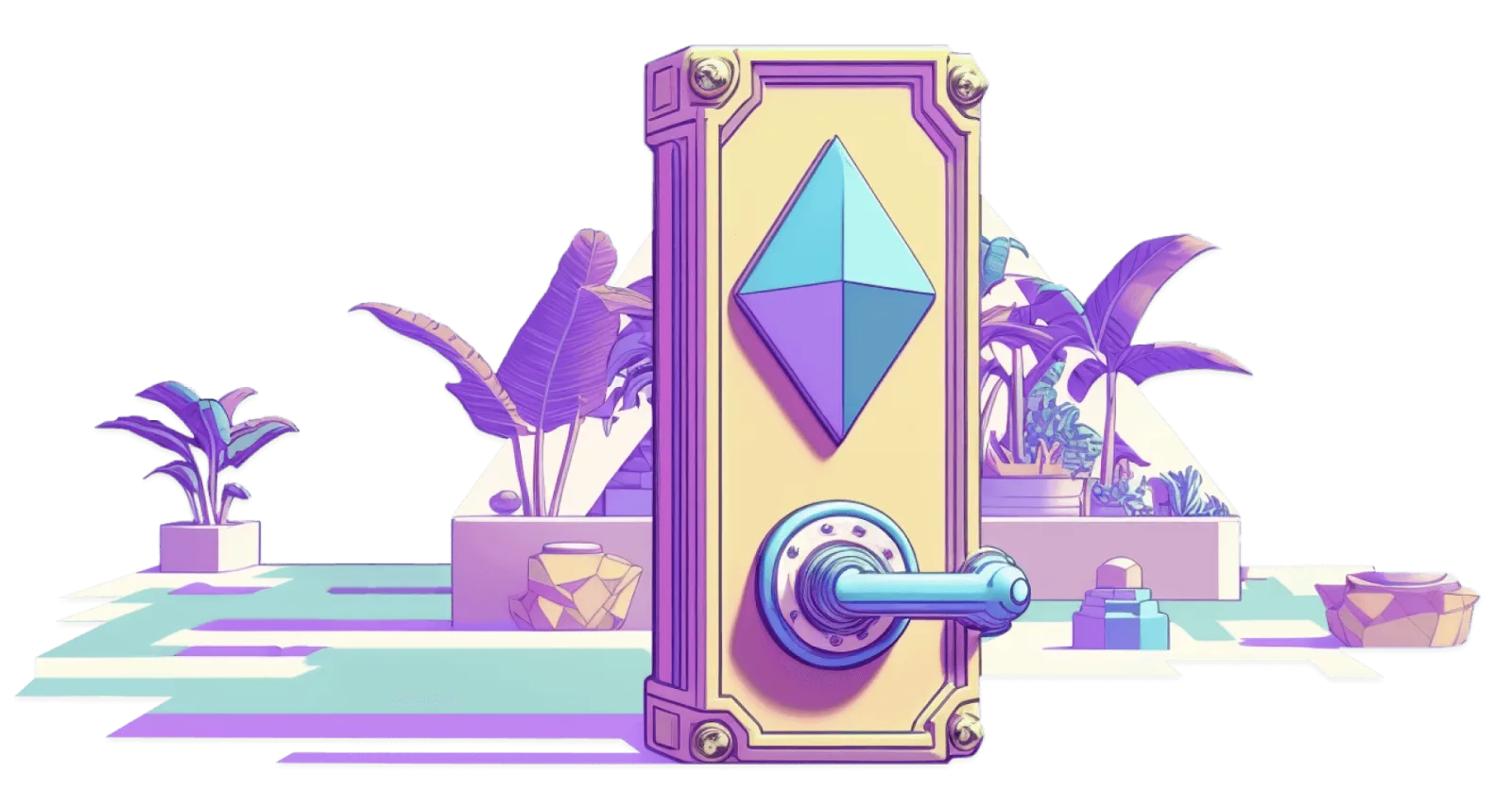 ภาพประกอบจากหน้าอธิบายกระเป๋าคริปโตของ ethereum.org เป็นประตูที่มีสัญลักษณ์ Ethereum อยู่กลางสวน