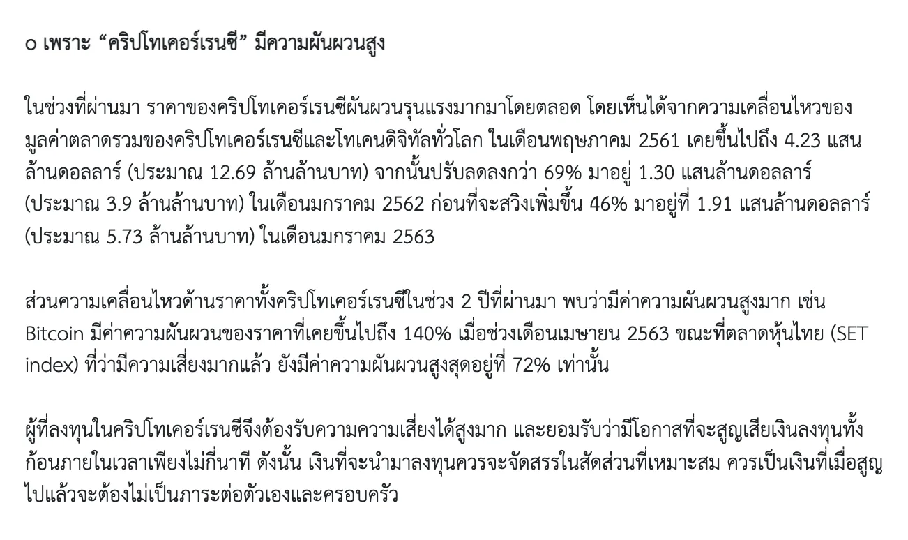 ภาพหน้าจอข้อความในบทความเตือนของ ก.ล.ต. ว่าคริปโทเคอร์เรนซีมีความผันผวนสูง ค่าความผันผวนของ Bitcoin เคยถึง 140% และผู้ลงทุนต้องยอมรับโอกาสสูญเงินลงทุนทั้งก้อนภายในไม่กี่นาที