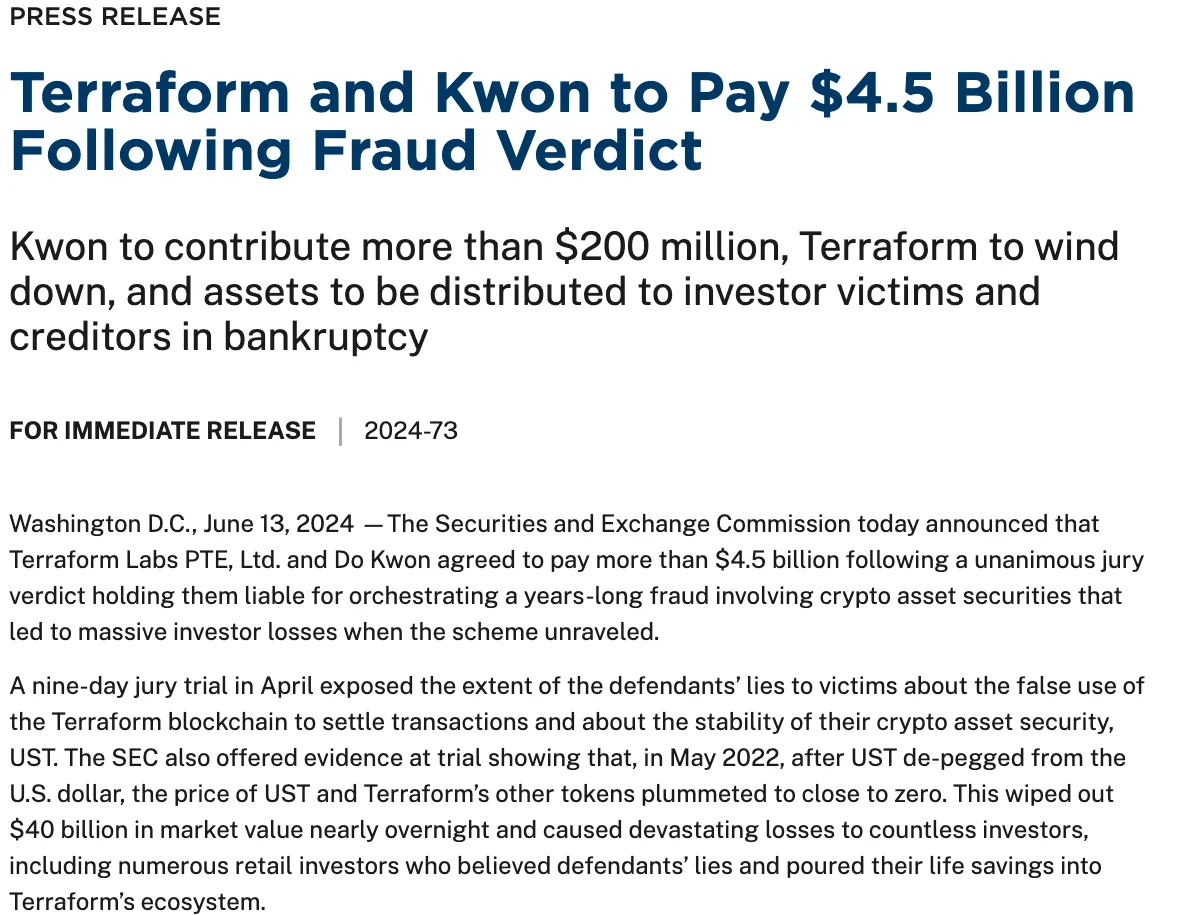 ภาพหน้าจอคำแถลงของ US SEC ฉบับที่ 2024-73 เรื่อง Terraform และ Do Kwon ตกลงจ่าย 4.5 พันล้านดอลลาร์หลังคำตัดสินคดีฉ้อโกง กรณี UST หลุดการตรึงค่าเมื่อพฤษภาคม 2022