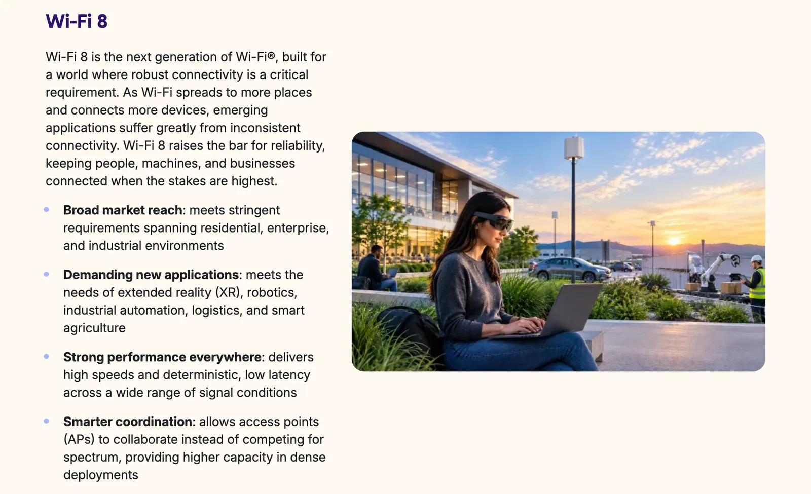 ภาพหน้าจอหน้า Wi-Fi 8 บนเว็บไซต์ Wi-Fi Alliance อธิบายว่า Wi-Fi 8 เน้นความเสถียร ใช้ได้ทั้งบ้าน องค์กร และอุตสาหกรรม และให้ Access Point ประสานงานกัน