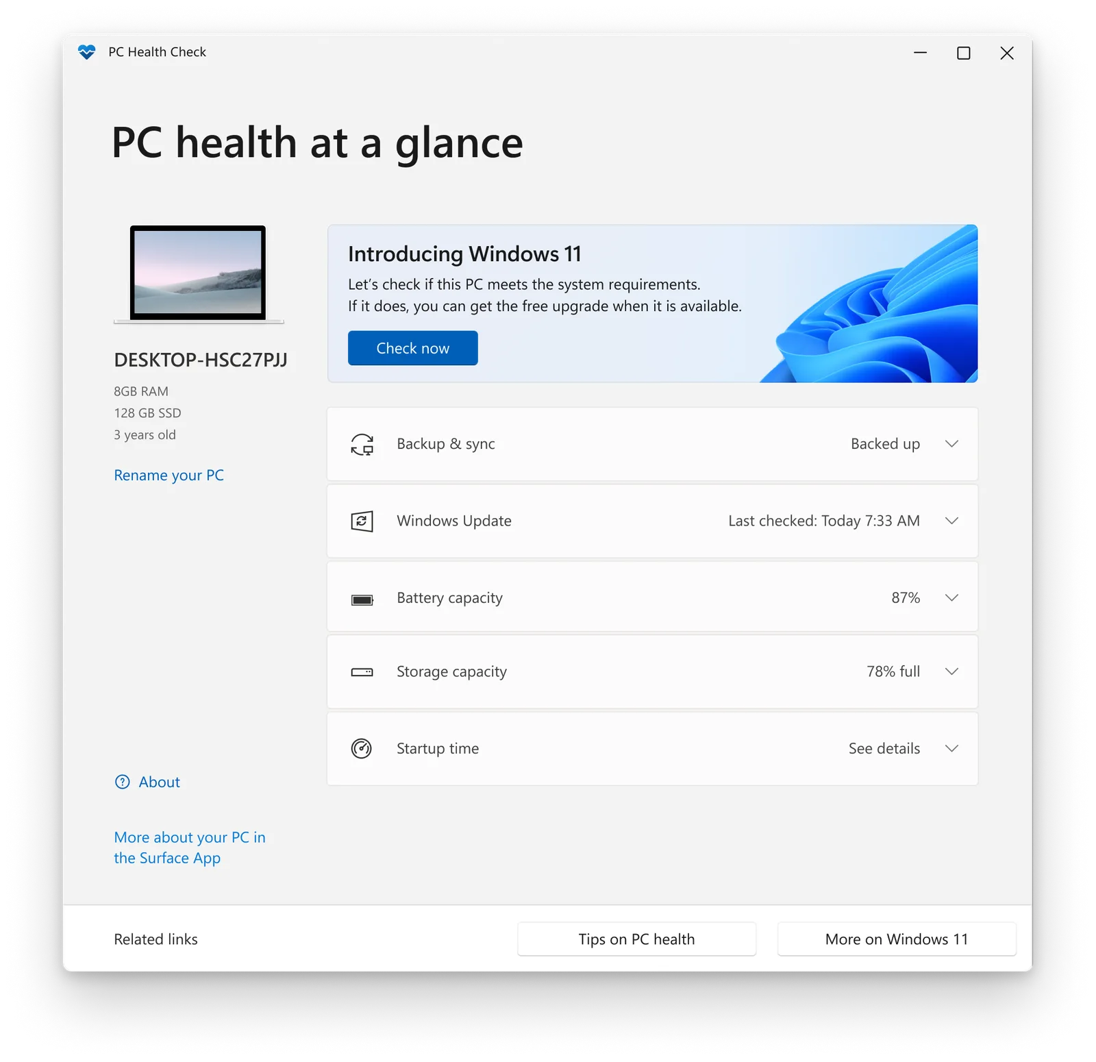 หน้าจอแอป PC Health Check หัวข้อ PC health at a glance พร้อมกล่อง Introducing Windows 11 และปุ่ม Check now