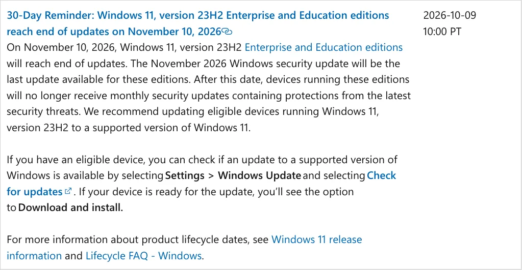 ข้อความ 30-Day Reminder ใน Windows message center วันที่ 9 ต.ค. 2026 แจ้งว่า Windows 11 23H2 รุ่น Enterprise และ Education หยุดรับอัปเดต 10 พ.ย. 2026