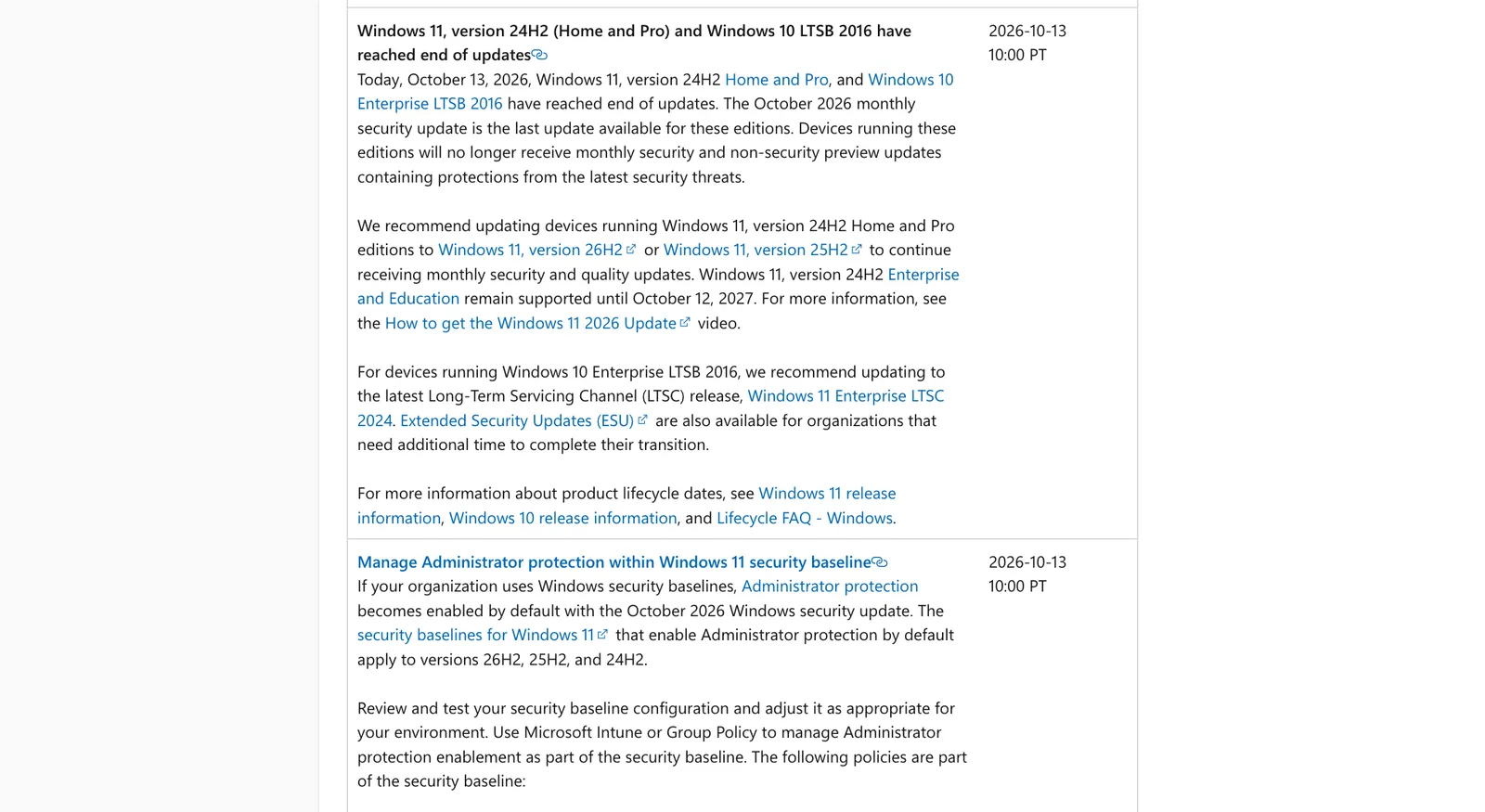 ข้อความใน Windows message center วันที่ 13 ตุลาคม 2026 หัวข้อ Windows 11 version 24H2 (Home and Pro) and Windows 10 LTSB 2016 have reached end of updates