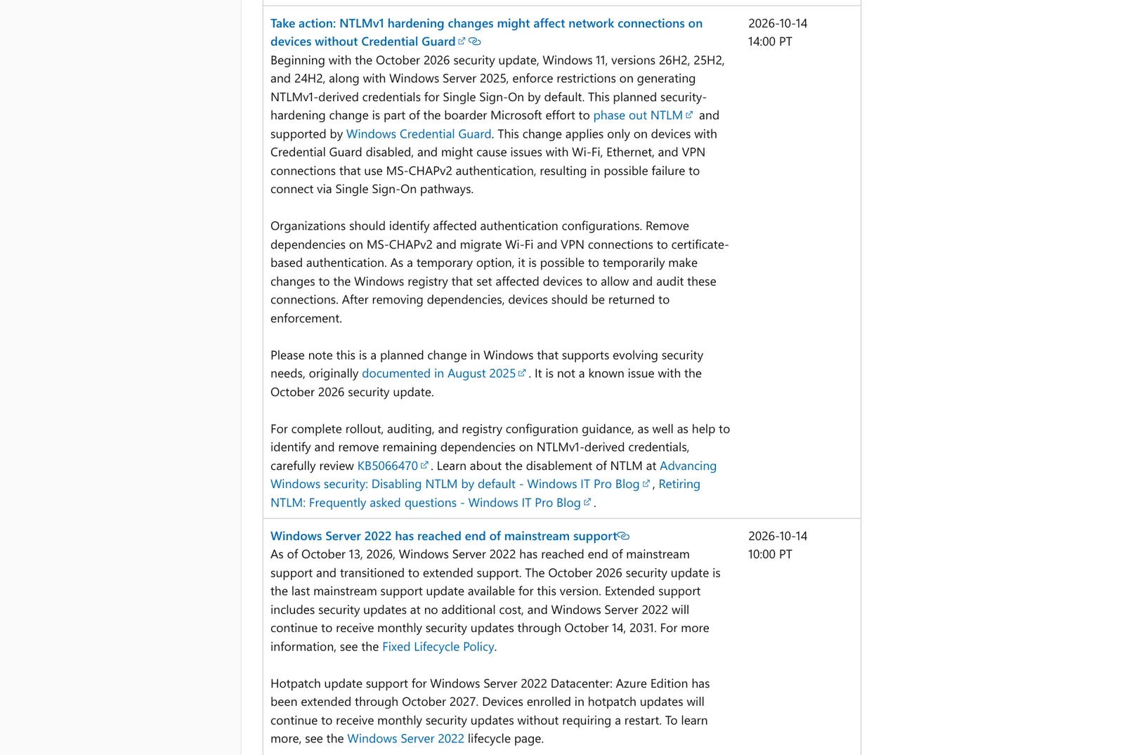 ข้อความ Take action: NTLMv1 hardening changes might affect network connections on devices without Credential Guard ลงวันที่ 14 ตุลาคม 2026 ใน Windows message center