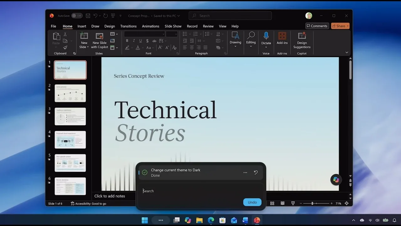 หน้าจอ Windows 11 ขณะใช้ PowerPoint โดยกล่อง Windows Search แสดงผลสั่งงาน Change current theme to Dark ว่าเสร็จแล้ว