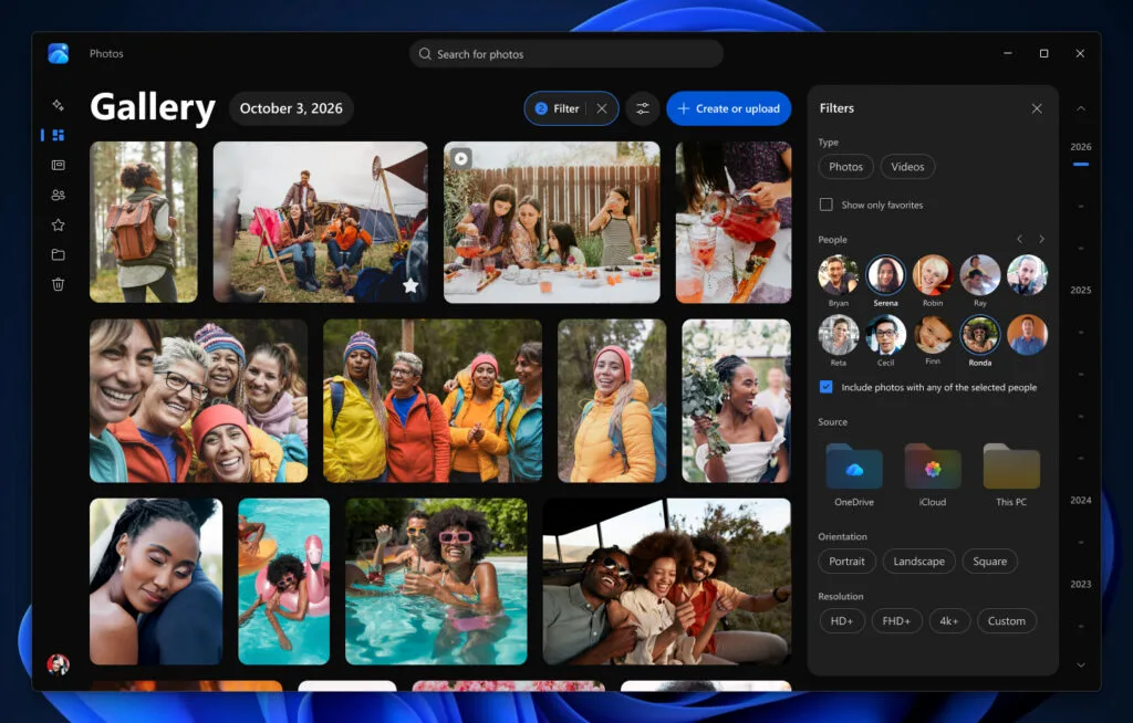 แผง Filters ใน Gallery ของแอป Photos บน Windows 11 กรองภาพตามประเภท บุคคล และแหล่งเก็บ OneDrive, iCloud หรือ This PC