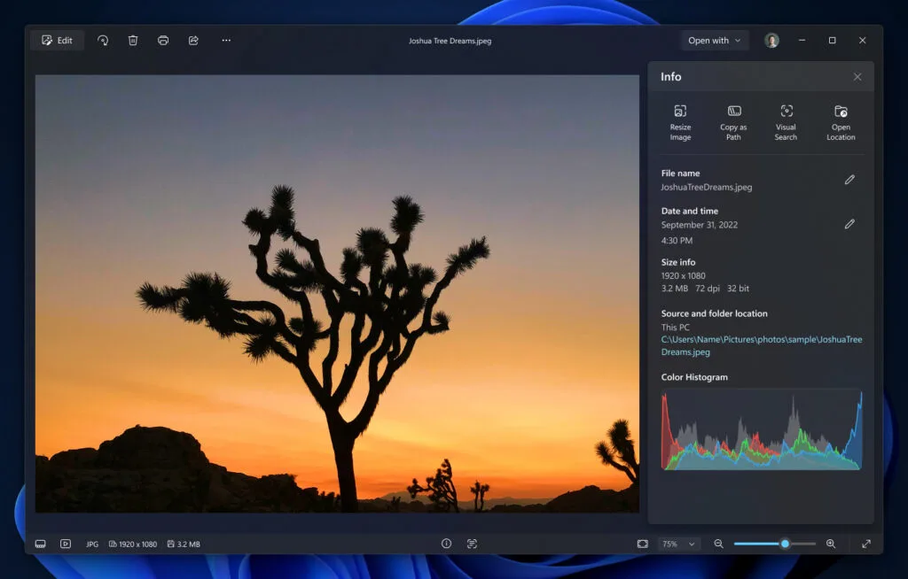 Viewer ใหม่ของแอป Photos บน Windows 11 เปิดภาพต้นโจชัวยามพระอาทิตย์ตก พร้อมแผง Info แสดงชื่อไฟล์ วันที่ ขนาด ตำแหน่งไฟล์ และฮิสโทแกรมสี