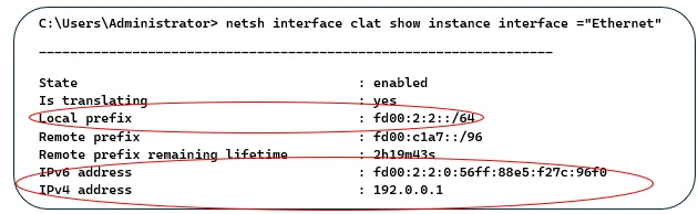 ผลลัพธ์คำสั่ง netsh interface clat show instance