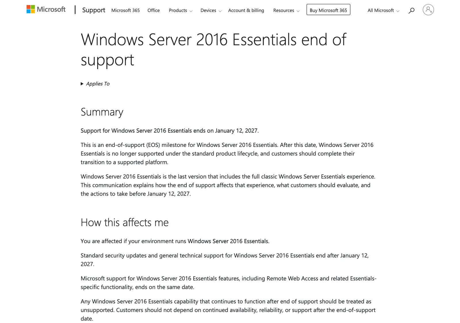 หน้า Microsoft Support เรื่อง Windows Server 2016 Essentials end of support ระบุว่าซัพพอร์ตสิ้นสุด 12 มกราคม 2027 และฟีเจอร์ Remote Web Access หมดซัพพอร์ตวันเดียวกัน
