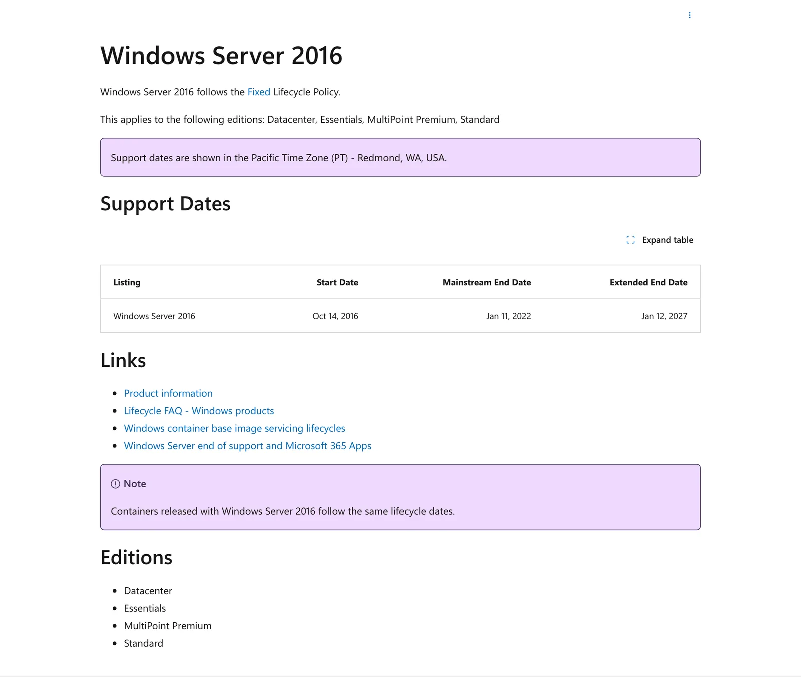 หน้า lifecycle ของ Windows Server 2016 บน Microsoft Learn แสดง Windows Server 2016 หมดซัพพอร์ตแบบ extended วันที่ 12 ม.ค. 2027 ใช้กับรุ่น Datacenter, Essentials, MultiPoint Premium และ Standard
