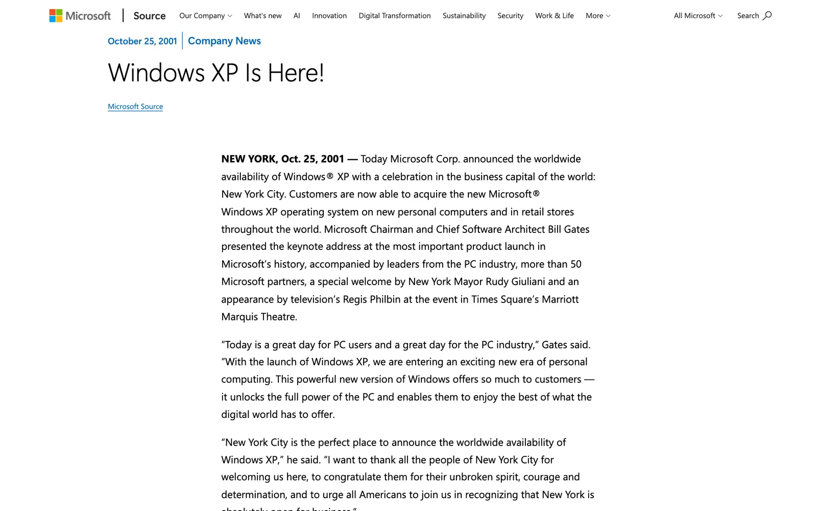หน้าข่าวประชาสัมพันธ์ Windows XP Is Here! ของ Microsoft ลงวันที่ 25 ตุลาคม 2001 ประกาศวางจำหน่าย Windows XP ทั่วโลกจากนิวยอร์ก วันที่ใช้นับ Windows XP 25 ปี