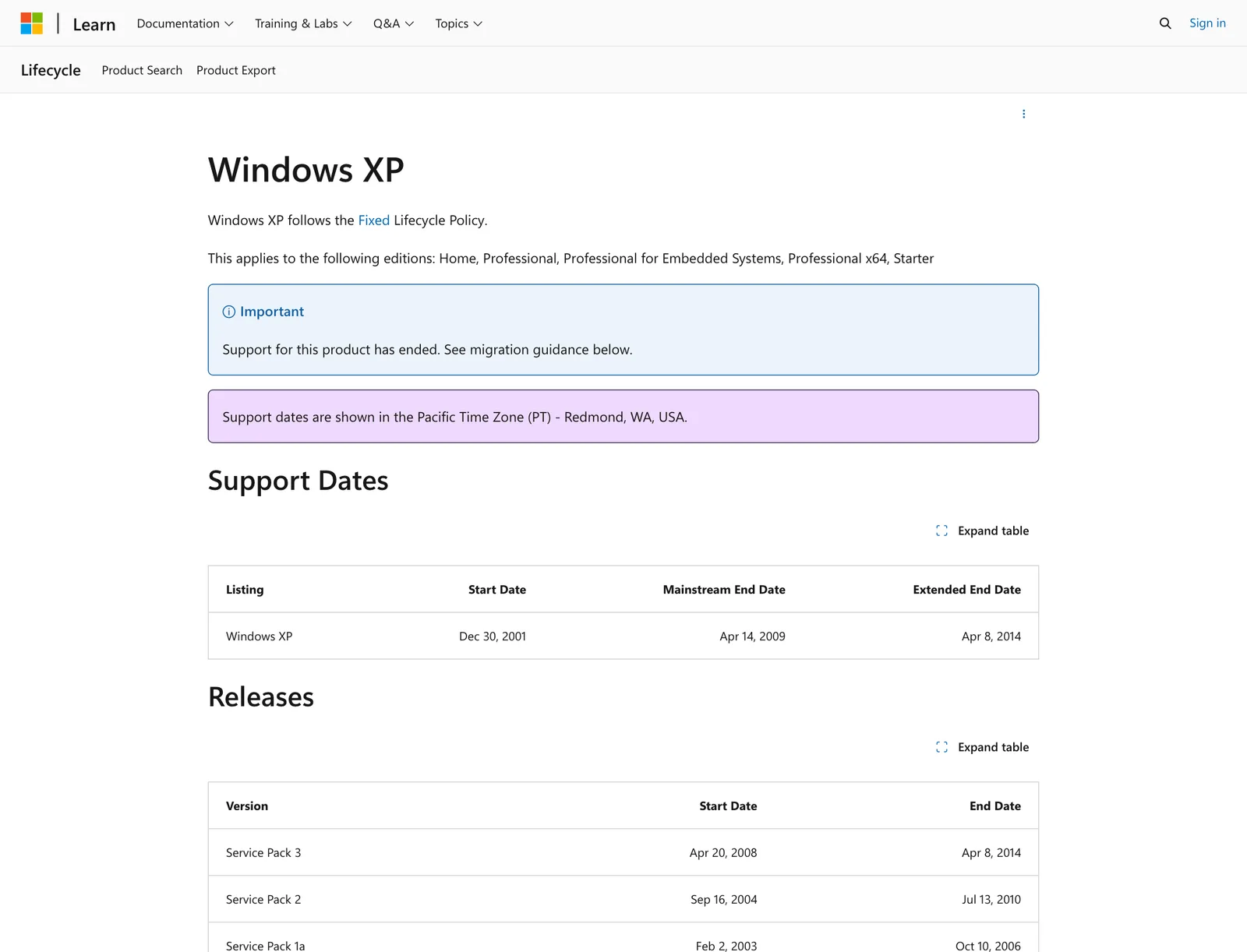 หน้า lifecycle ของ Windows XP บน Microsoft Learn แสดงวันเริ่มต้น 30 ธันวาคม 2001 การสนับสนุนหลักสิ้นสุด 14 เมษายน 2009 การสนับสนุนขยายสิ้นสุด 8 เมษายน 2014 และวันของ Service Pack แต่ละชุด