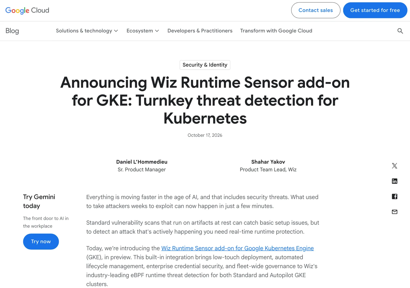 หน้าบล็อก Google Cloud ประกาศ Wiz Runtime Sensor add-on for GKE ลงวันที่ 17 ตุลาคม 2026