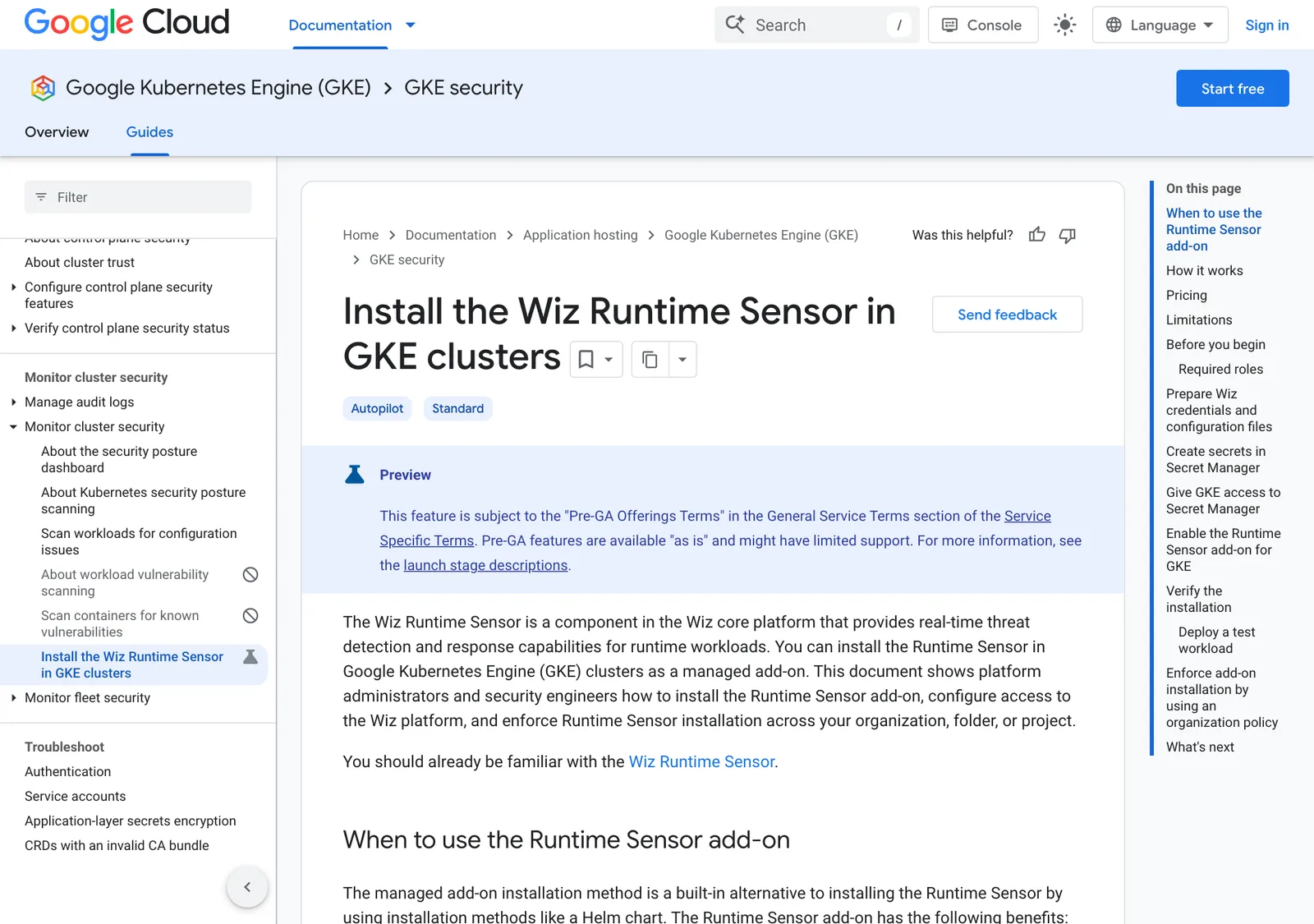 หน้าเอกสาร Install the Wiz Runtime Sensor in GKE clusters ของ Google Cloud แสดงสถานะ Preview และรองรับ Autopilot กับ Standard