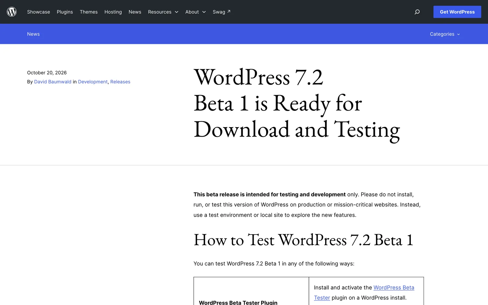 ประกาศ WordPress 7.2 Beta 1 บน WordPress.org ลงวันที่ 20 ตุลาคม 2026 พร้อมคำเตือนว่าใช้สำหรับทดสอบเท่านั้น
