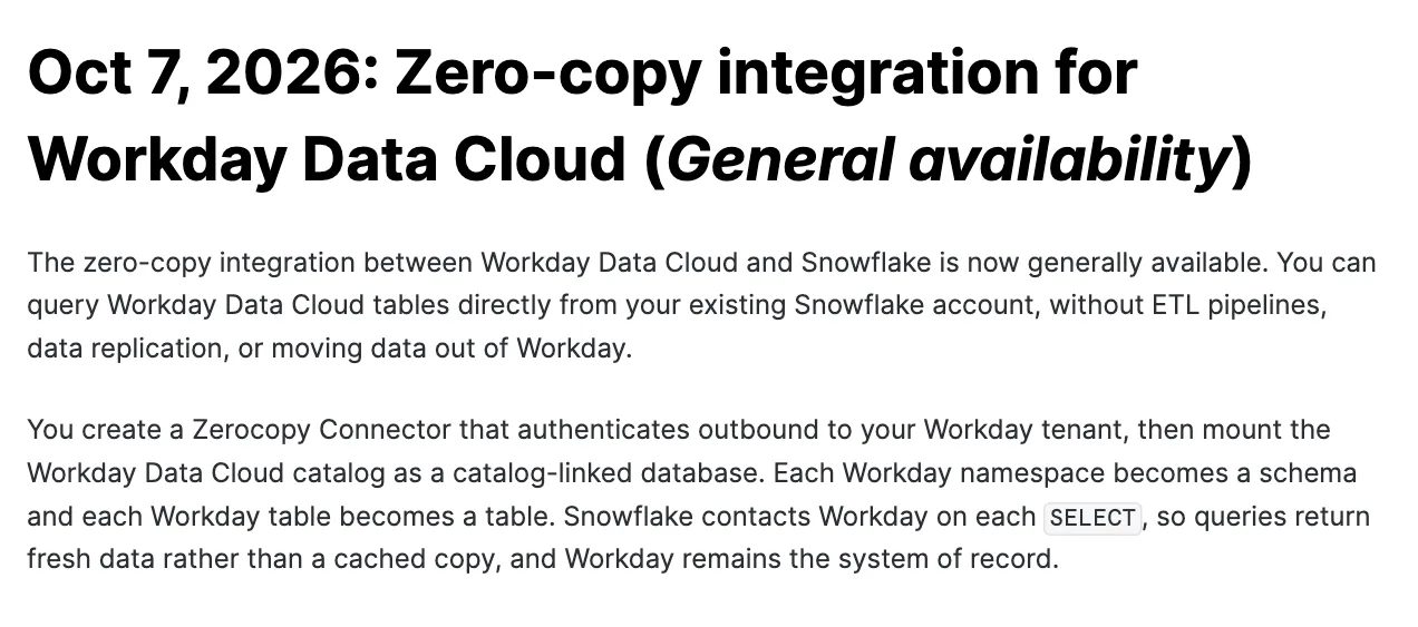 release note ของ Snowflake วันที่ 7 ตุลาคม 2026 ประกาศ GA การเชื่อมต่อ Workday Data Cloud แบบ zero-copy