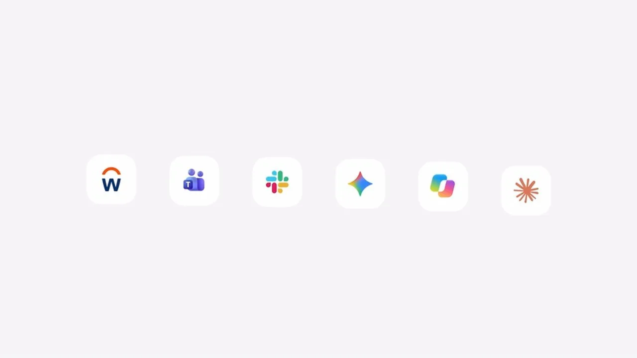 ไอคอน Workday, Microsoft Teams, Slack, Gemini, Microsoft Copilot และ Claude จากวิดีโอสาธิต Sana ในบล็อกของ Workday