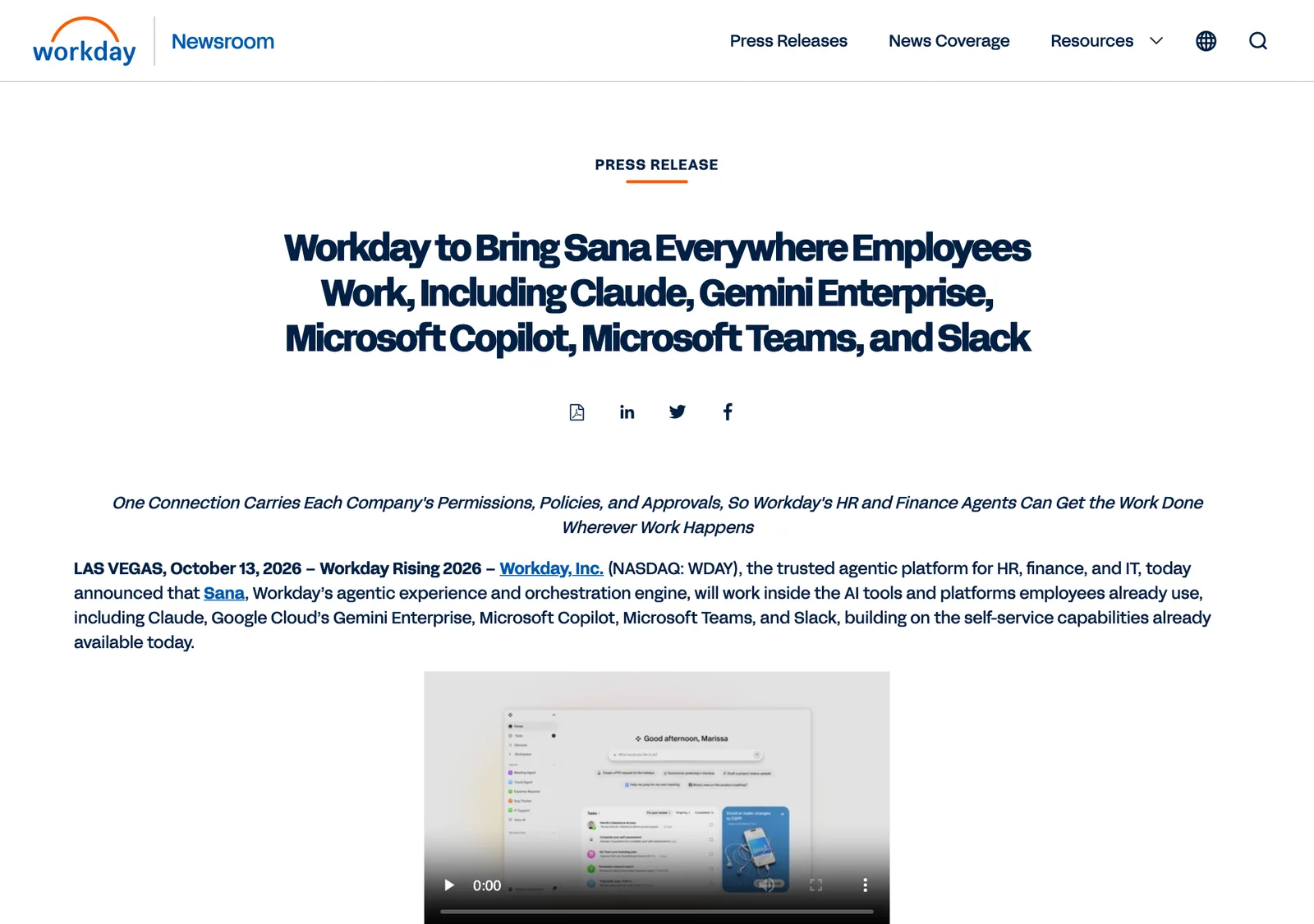 ภาพหน้าจอข่าวแจกของ Workday วันที่ 13 ตุลาคม 2026 เรื่องนำ Sana ไปใช้ใน Claude, Gemini Enterprise, Microsoft Copilot, Microsoft Teams และ Slack