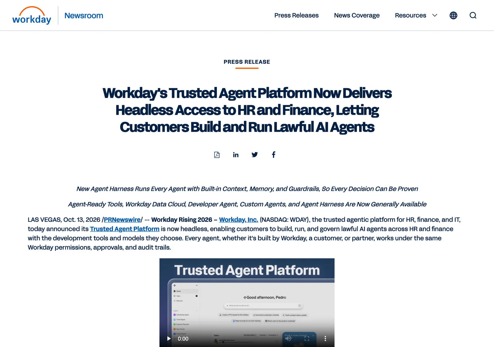 ภาพหน้าจอข่าวแจกของ Workday วันที่ 13 ตุลาคม 2026 เรื่อง Trusted Agent Platform แบบ headless พร้อมรายการ Agent-Ready Tools, Workday Data Cloud, Developer Agent, Custom Agents และ Agent Harness ที่ GA แล้ว