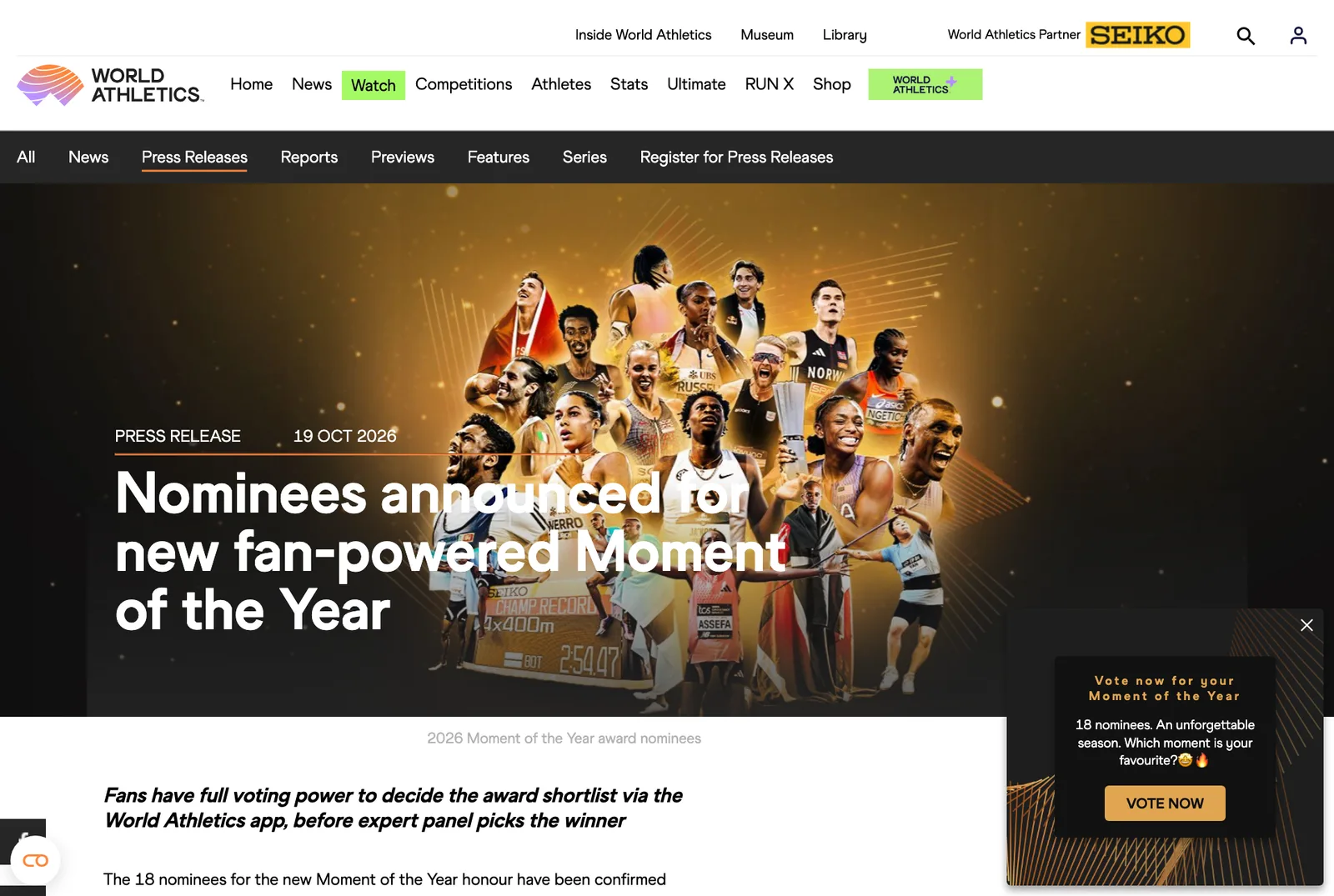 หน้าประกาศผู้เข้าชิง Moment of the Year 2026 บนเว็บไซต์ World Athletics วันที่ 19 ตุลาคม 2026