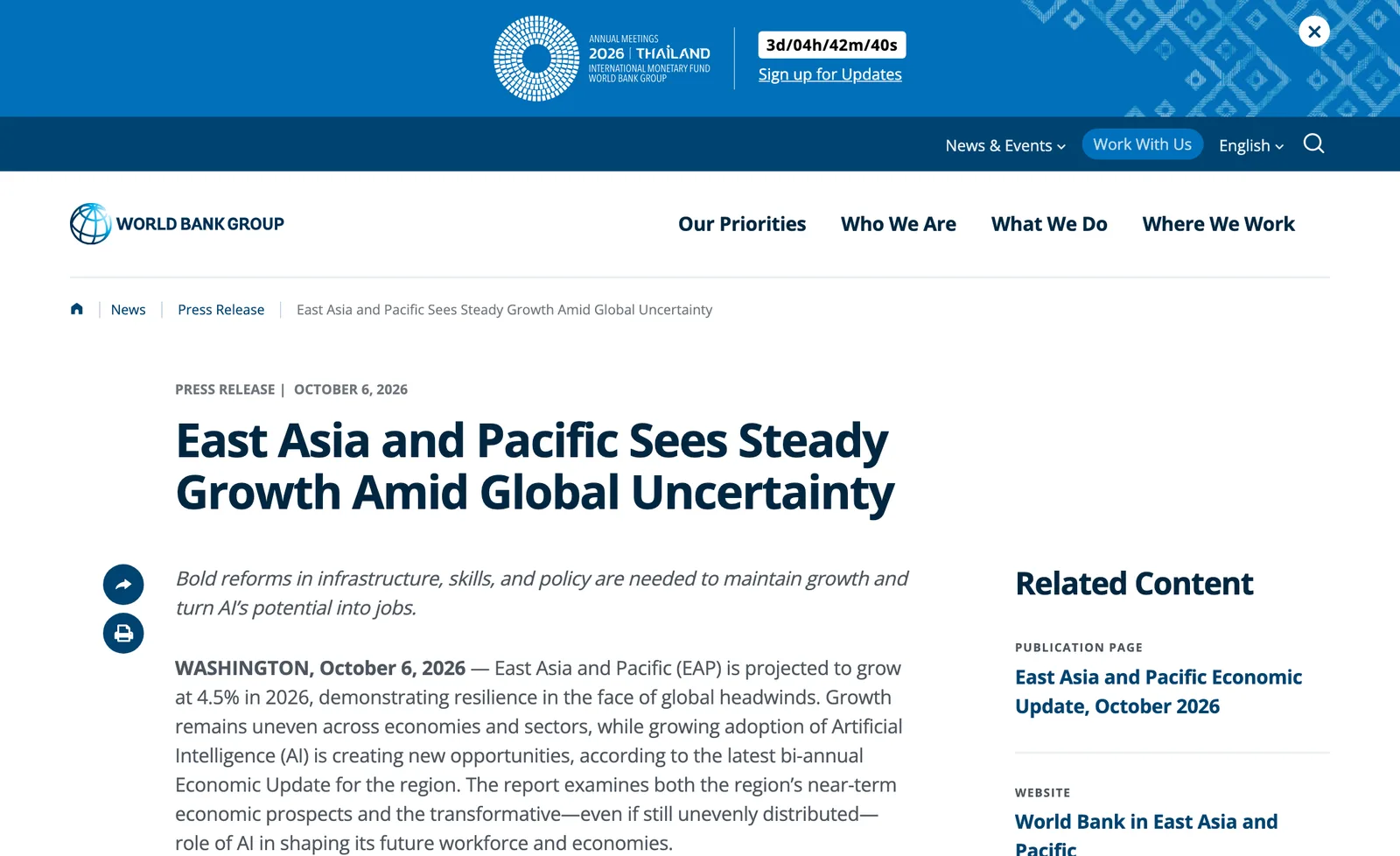 ข่าวประชาสัมพันธ์ธนาคารโลก East Asia and Pacific Sees Steady Growth Amid Global Uncertainty ลงวันที่ 6 ตุลาคม 2026